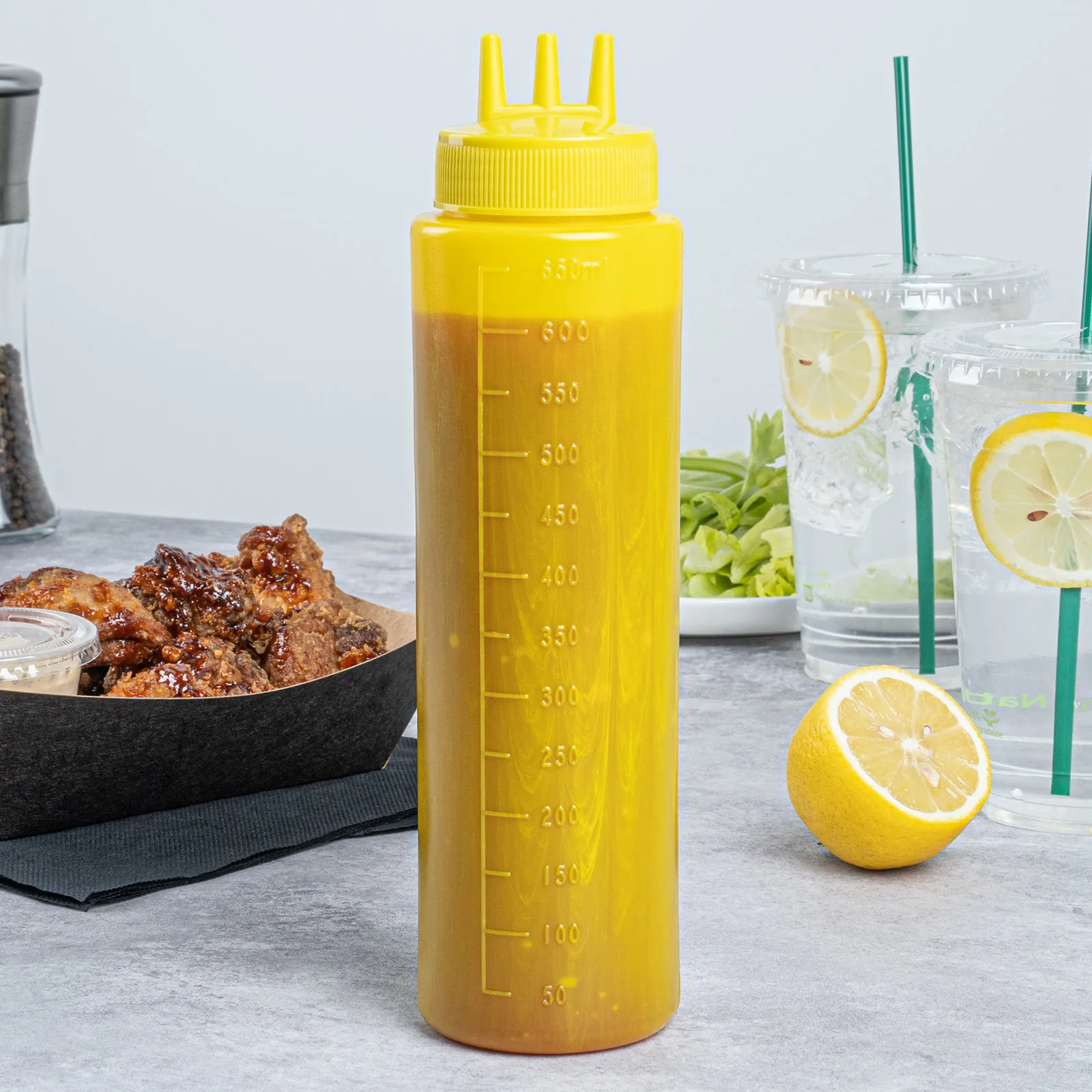 24 oz Yellow Plastic Mustard Squeeze Bottle - with Triple Dispersion Tip - 2 1/2" x 2 1/2" x 9 3/4" - 6 count box
