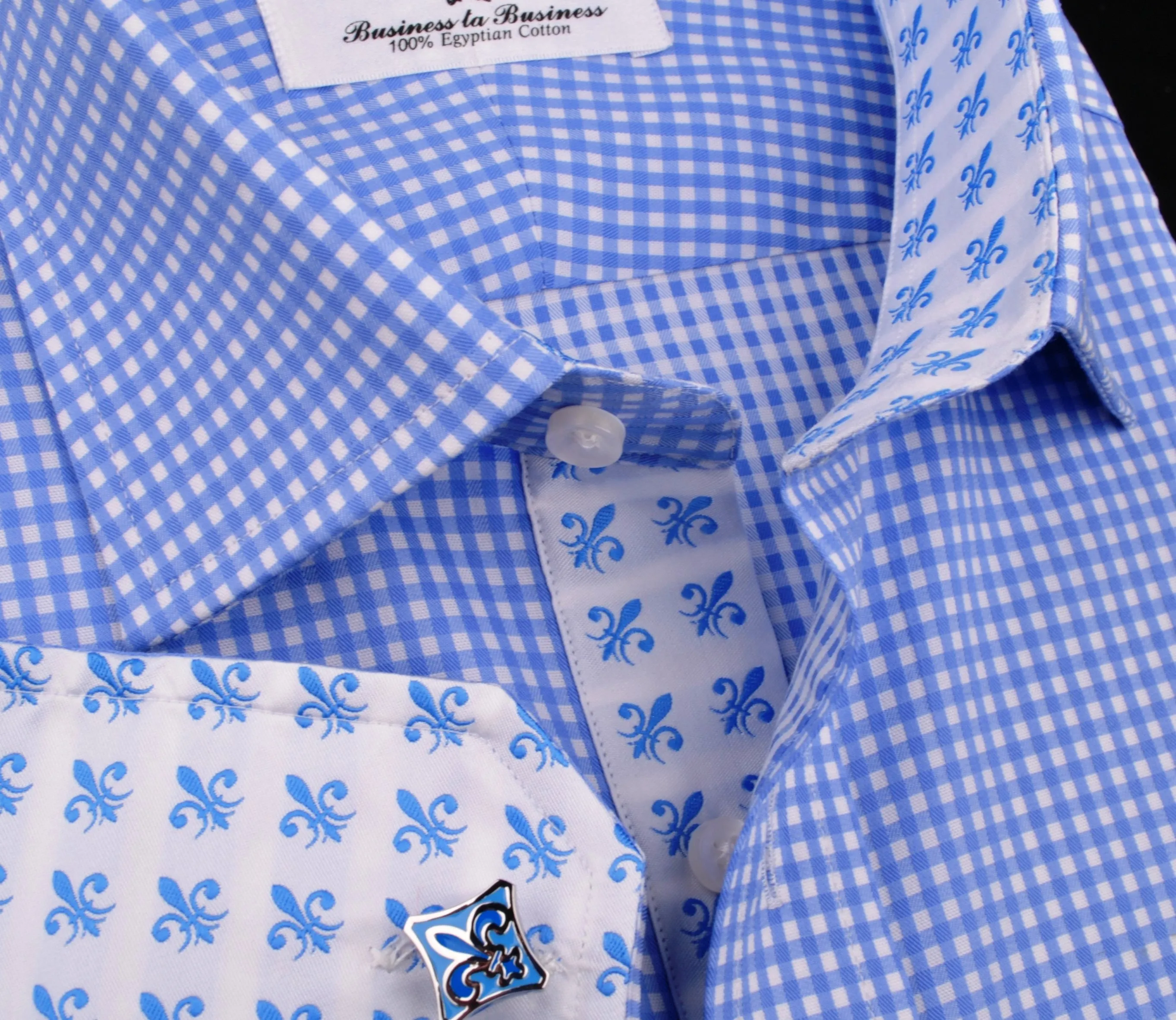 Classic Blue Designer Gingham Checkers Formal Business Dress Shirt in Luxury Floral Fashion
