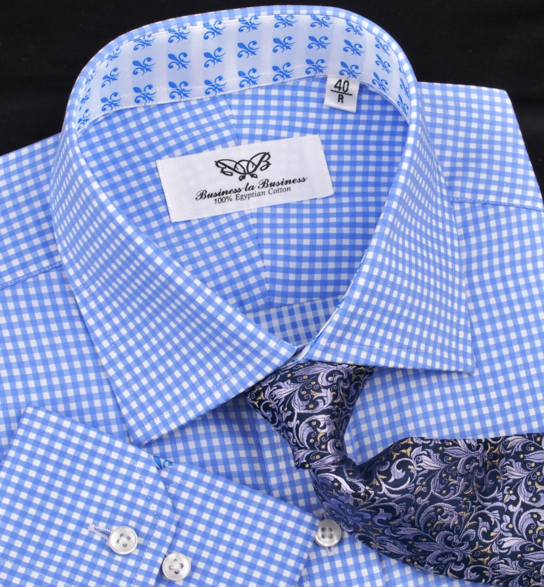 Classic Blue Designer Gingham Checkers Formal Business Dress Shirt in Luxury Floral Fashion