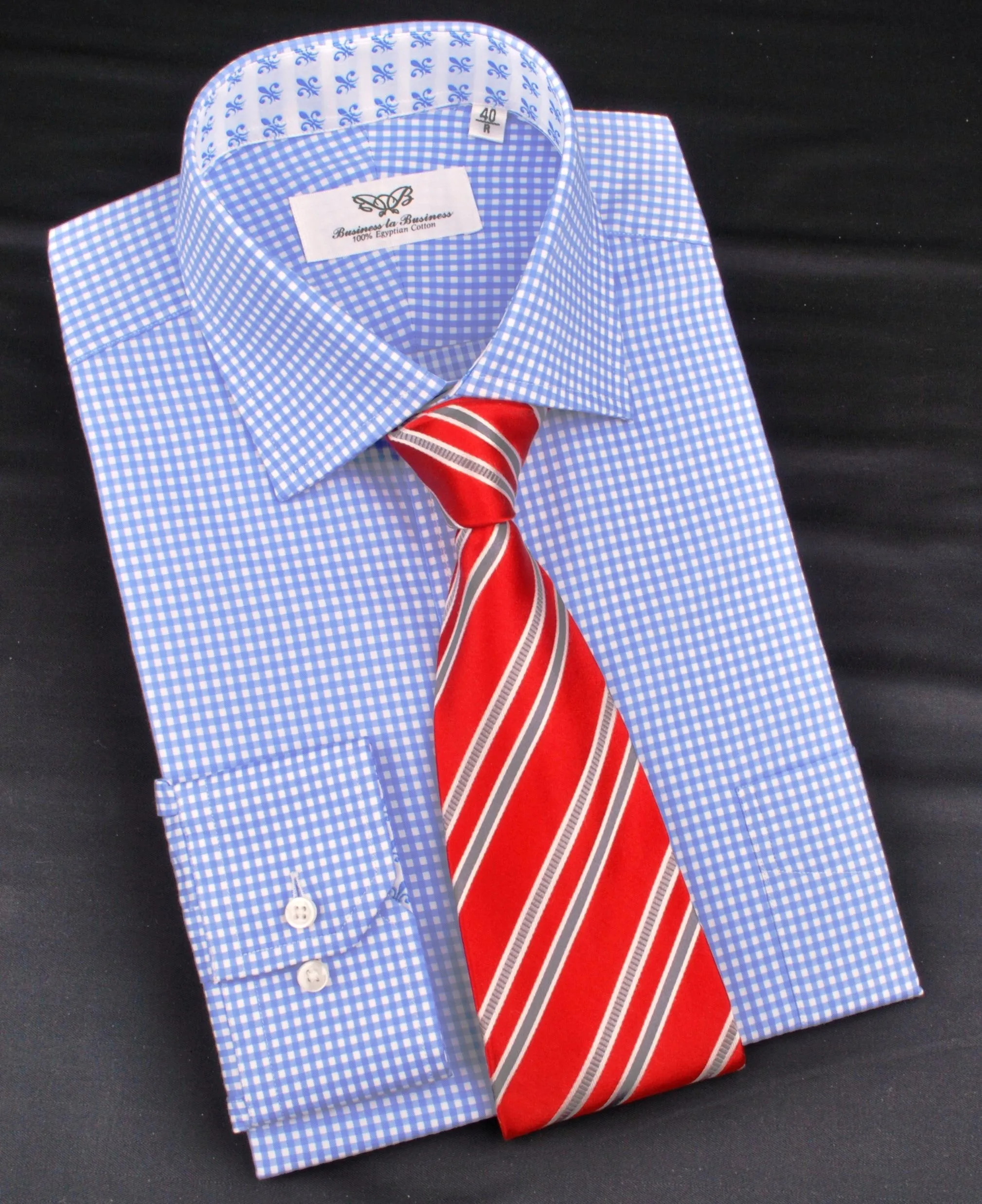 Classic Blue Designer Gingham Checkers Formal Business Dress Shirt in Luxury Floral Fashion