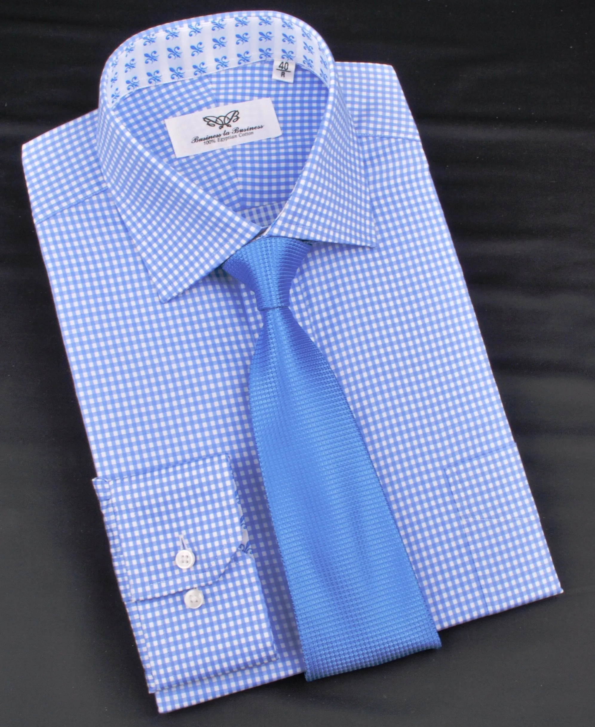 Classic Blue Designer Gingham Checkers Formal Business Dress Shirt in Luxury Floral Fashion