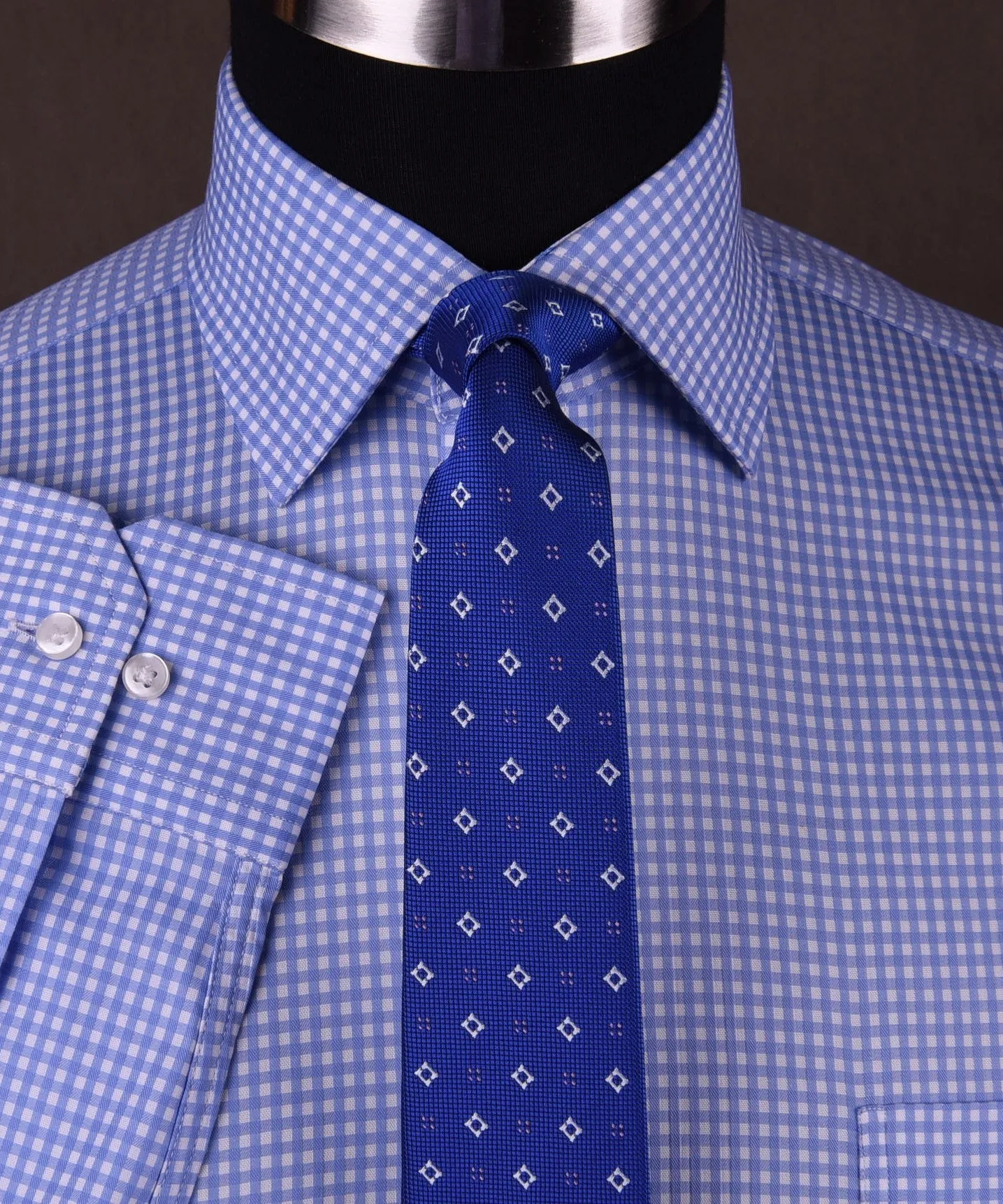 Classic Blue Designer Gingham Checkers Formal Business Dress Shirt in Luxury Floral Fashion