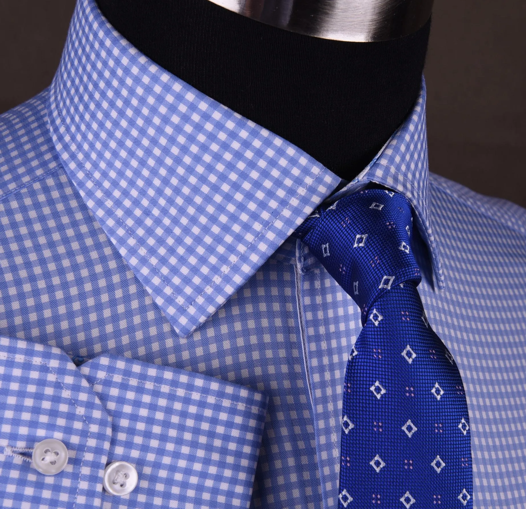 Classic Blue Designer Gingham Checkers Formal Business Dress Shirt in Luxury Floral Fashion