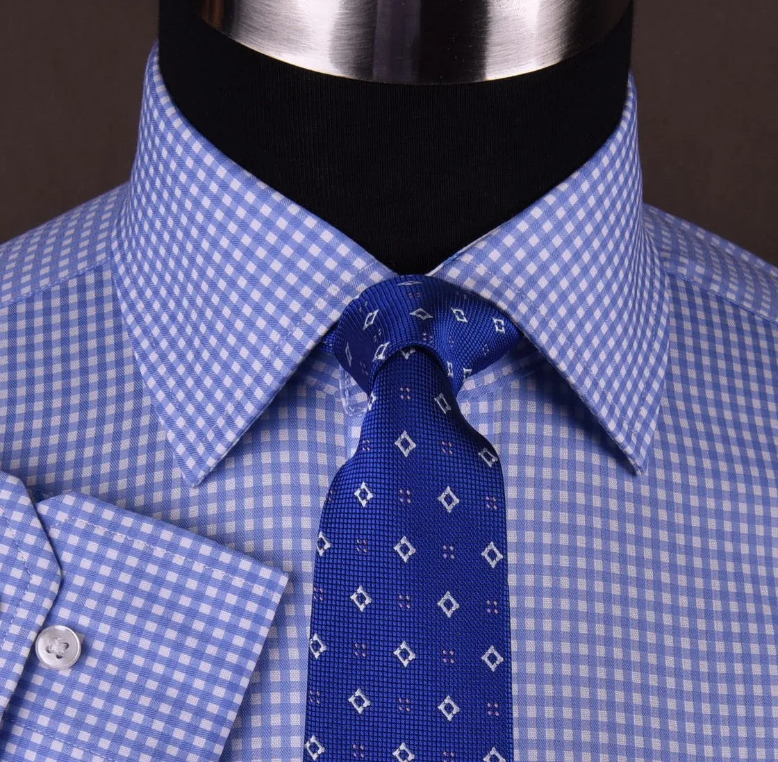 Classic Blue Designer Gingham Checkers Formal Business Dress Shirt in Luxury Floral Fashion