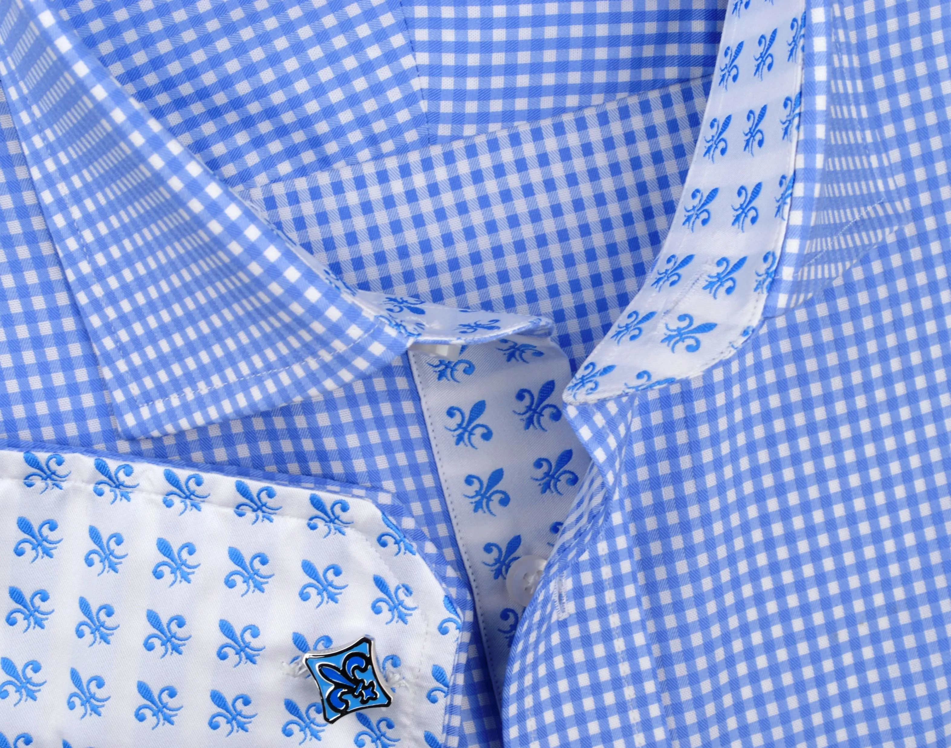 Classic Blue Designer Gingham Checkers Formal Business Dress Shirt in Luxury Floral Fashion