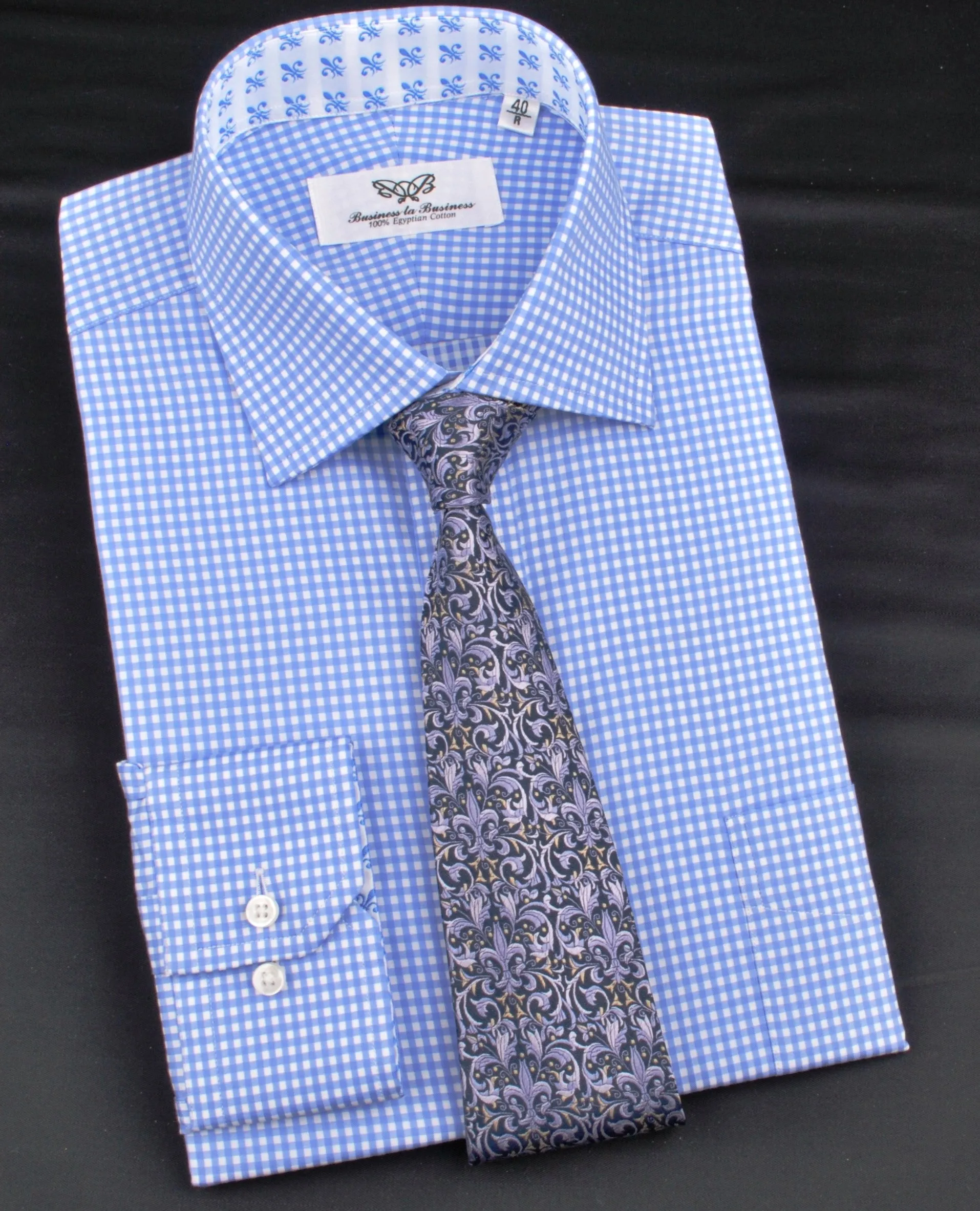 Classic Blue Designer Gingham Checkers Formal Business Dress Shirt in Luxury Floral Fashion
