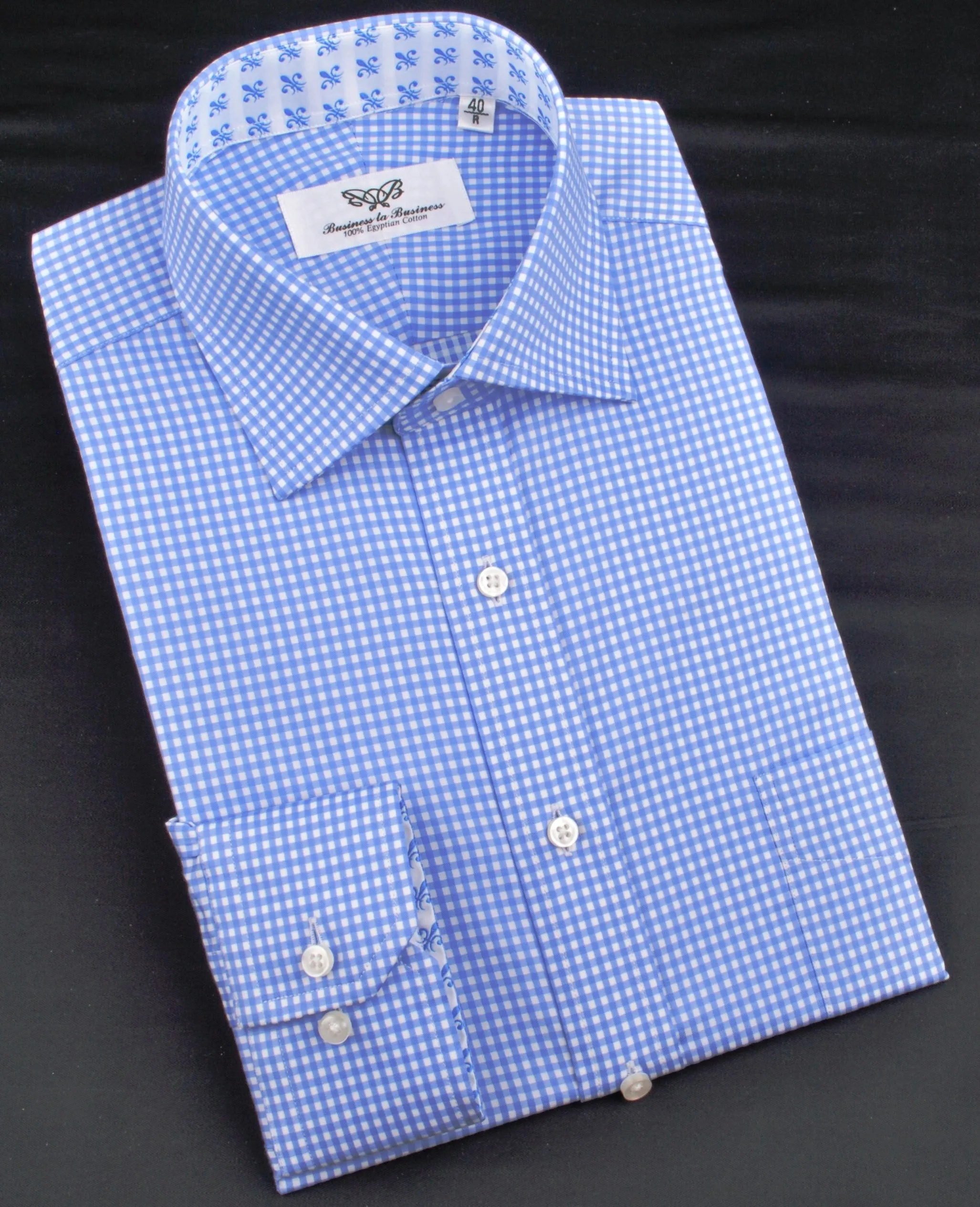 Classic Blue Designer Gingham Checkers Formal Business Dress Shirt in Luxury Floral Fashion