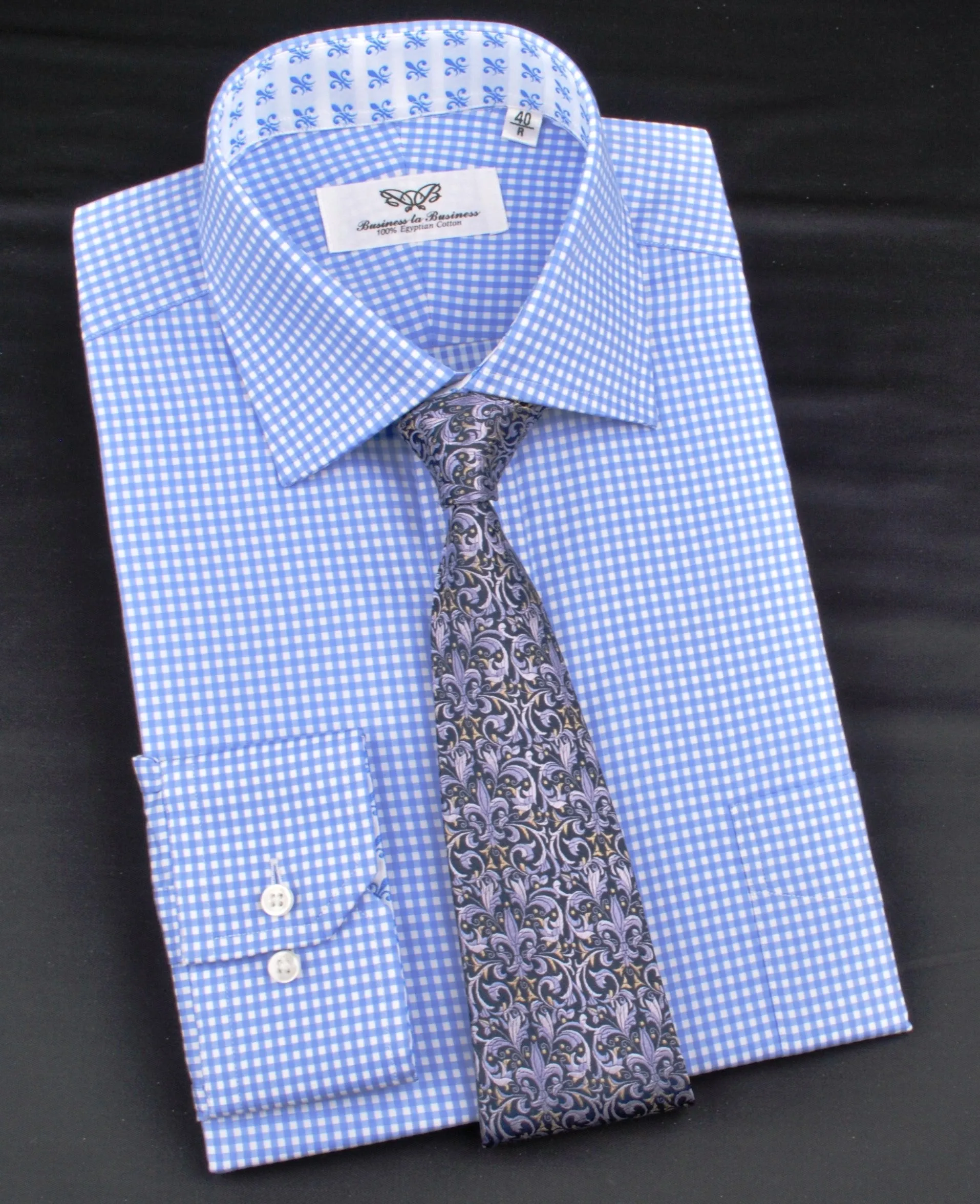 Classic Blue Designer Gingham Checkers Formal Business Dress Shirt in Luxury Floral Fashion