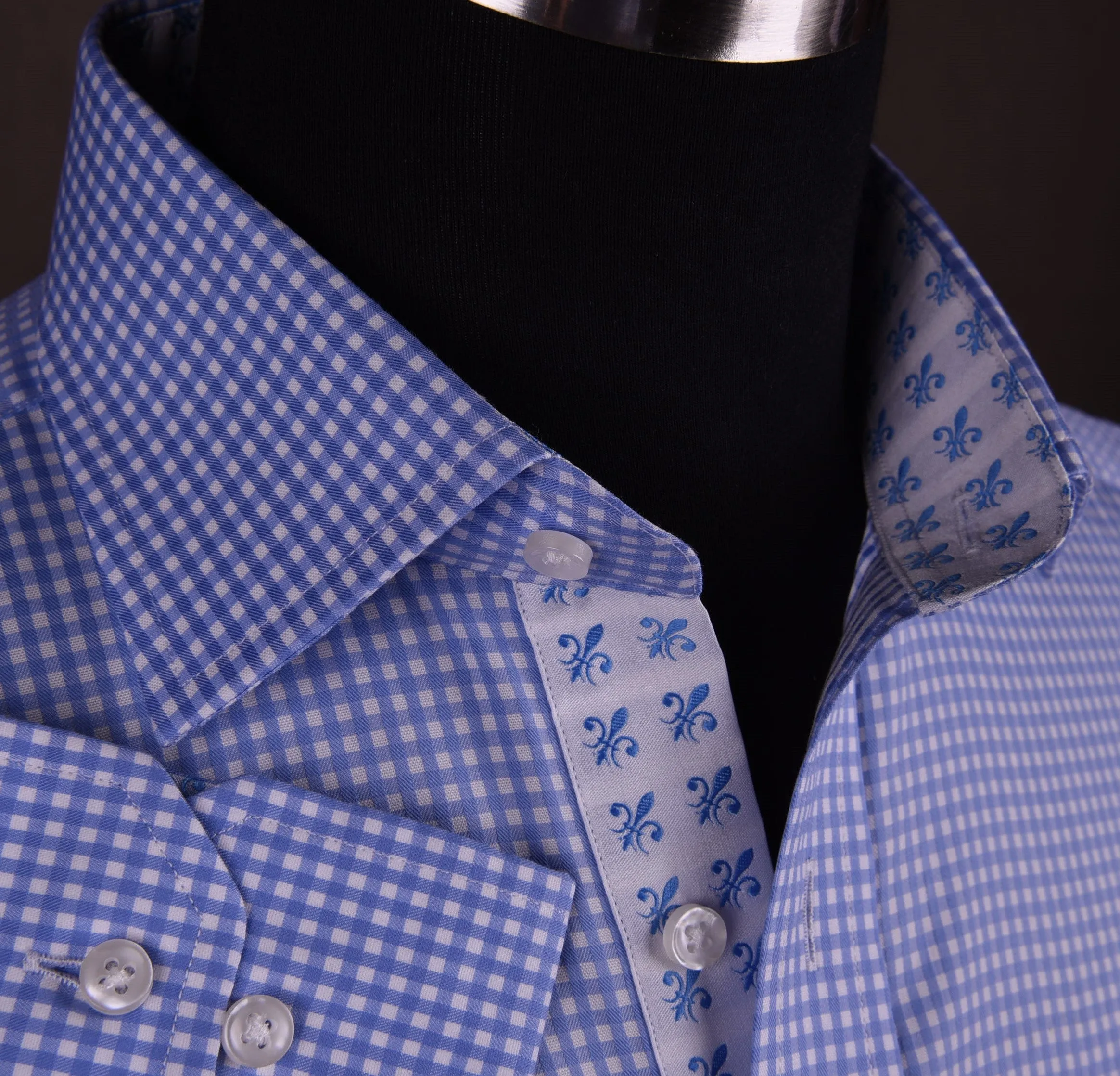 Classic Blue Designer Gingham Checkers Formal Business Dress Shirt in Luxury Floral Fashion