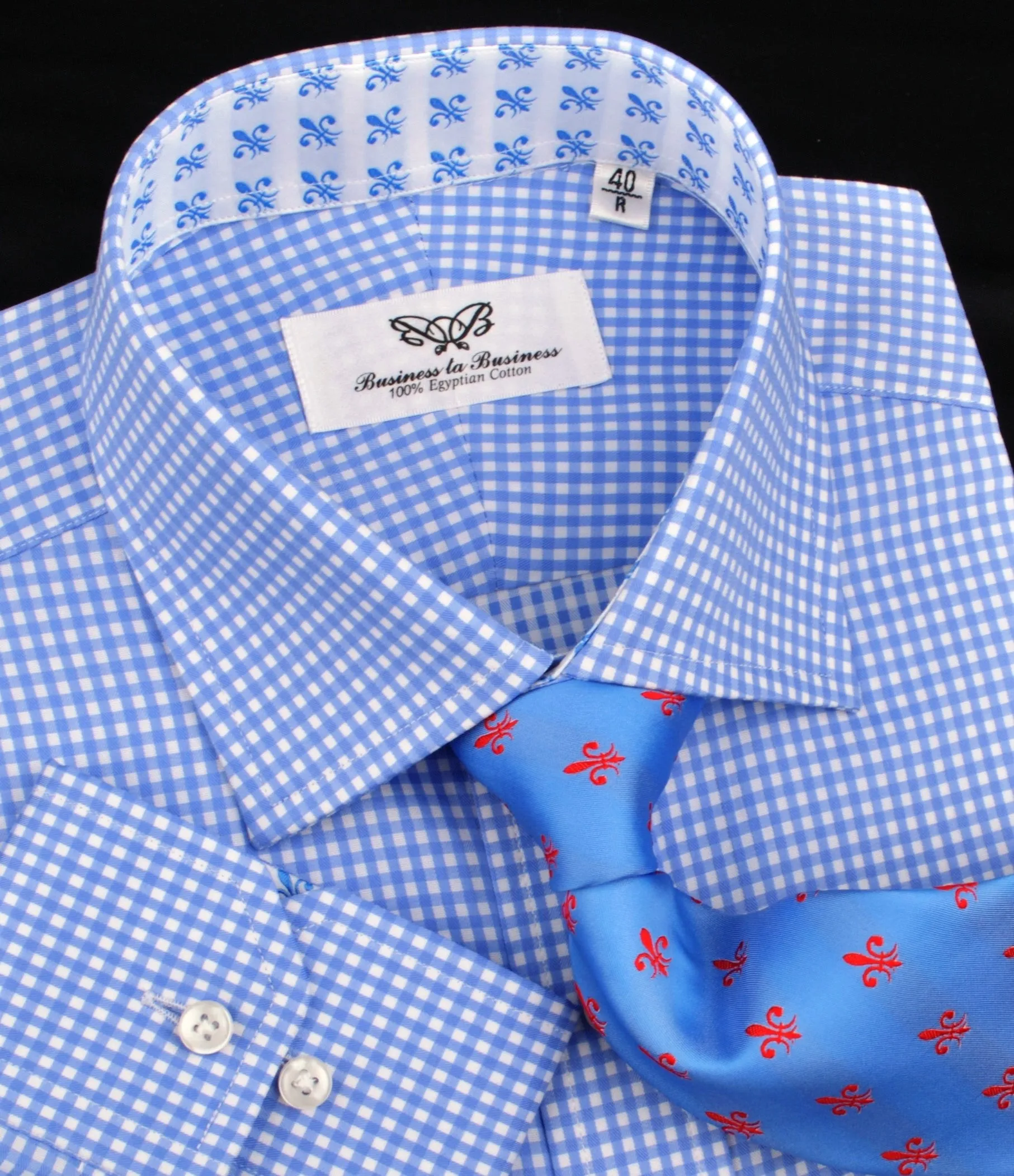 Classic Blue Designer Gingham Checkers Formal Business Dress Shirt in Luxury Floral Fashion