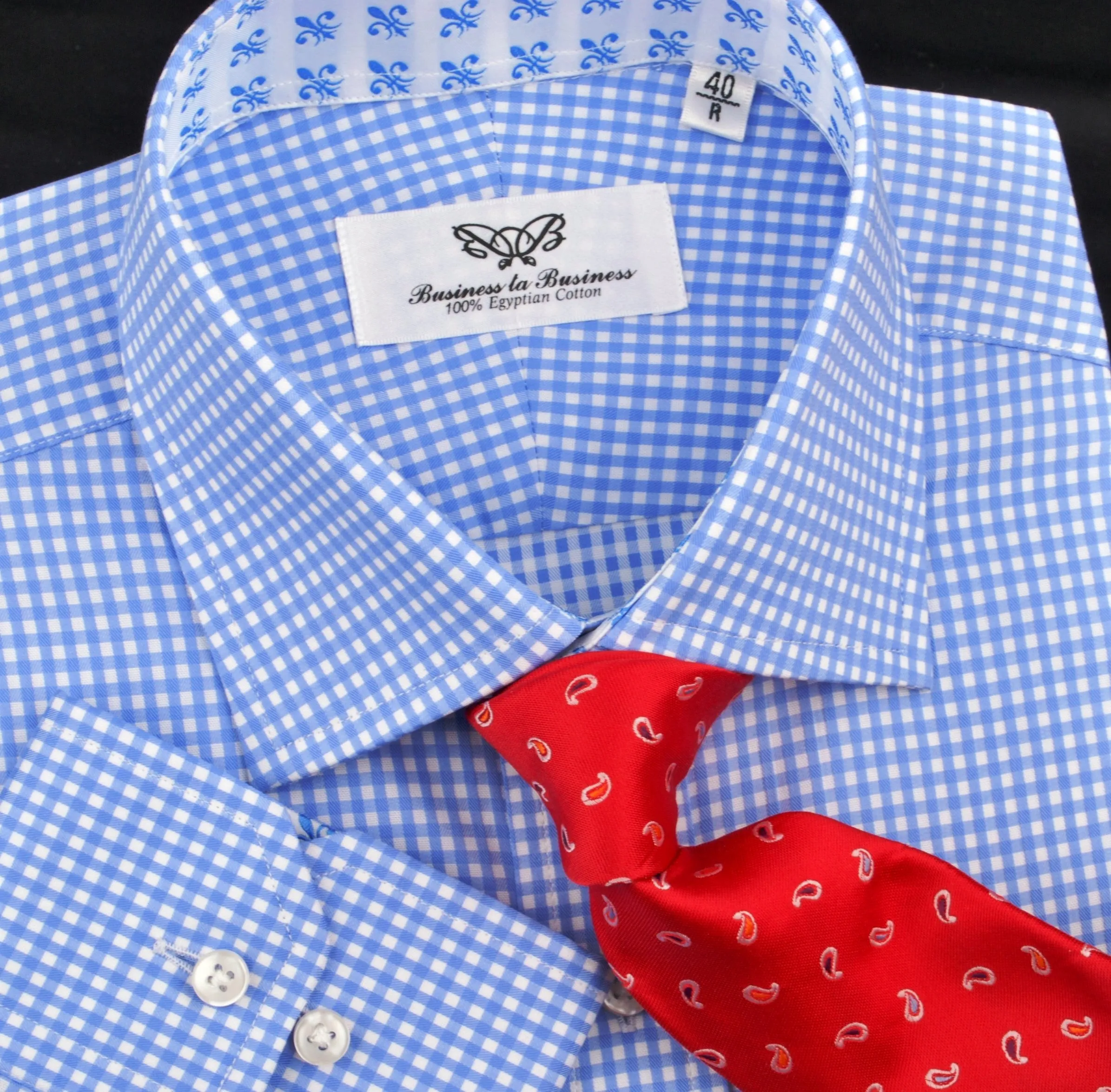 Classic Blue Designer Gingham Checkers Formal Business Dress Shirt in Luxury Floral Fashion
