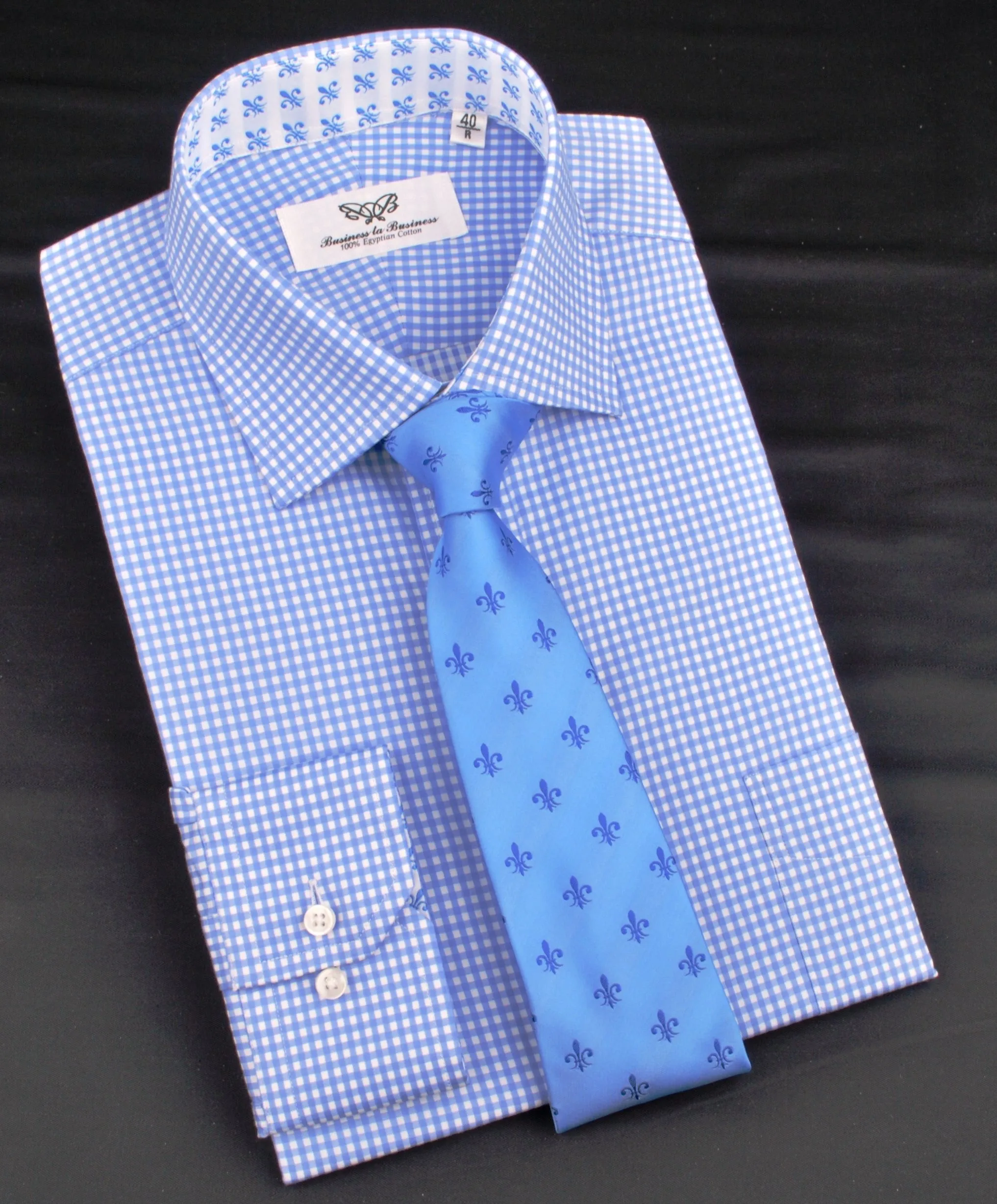 Classic Blue Designer Gingham Checkers Formal Business Dress Shirt in Luxury Floral Fashion