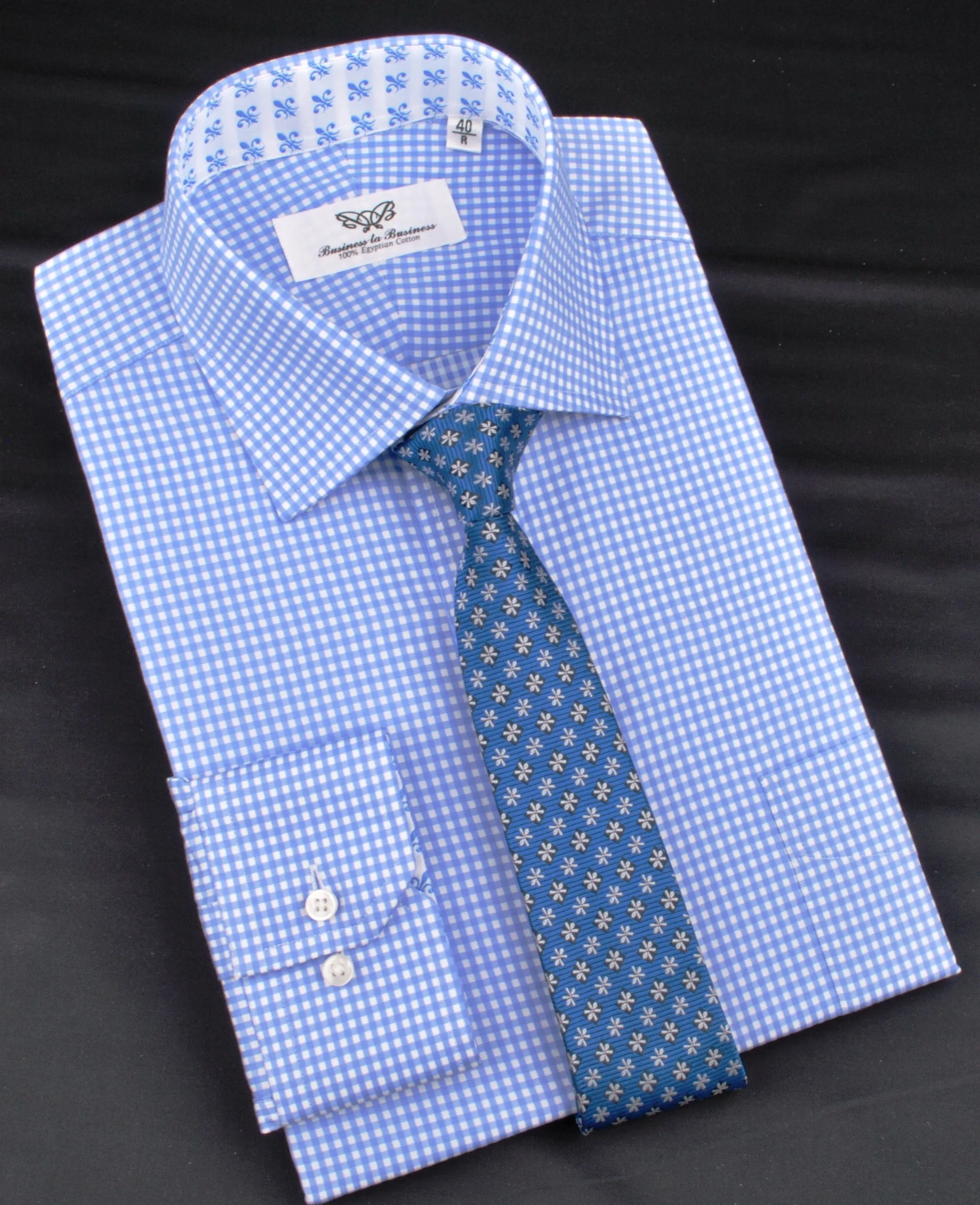 Classic Blue Designer Gingham Checkers Formal Business Dress Shirt in Luxury Floral Fashion