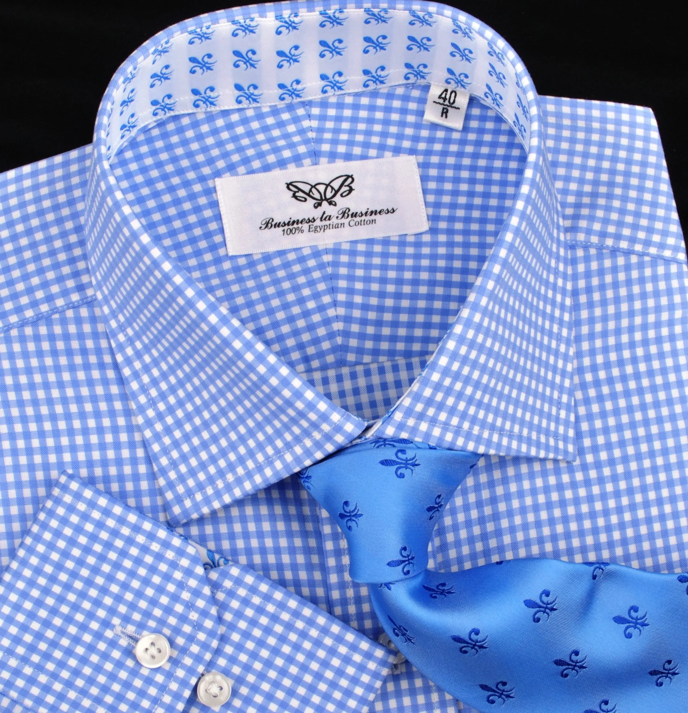 Classic Blue Designer Gingham Checkers Formal Business Dress Shirt in Luxury Floral Fashion