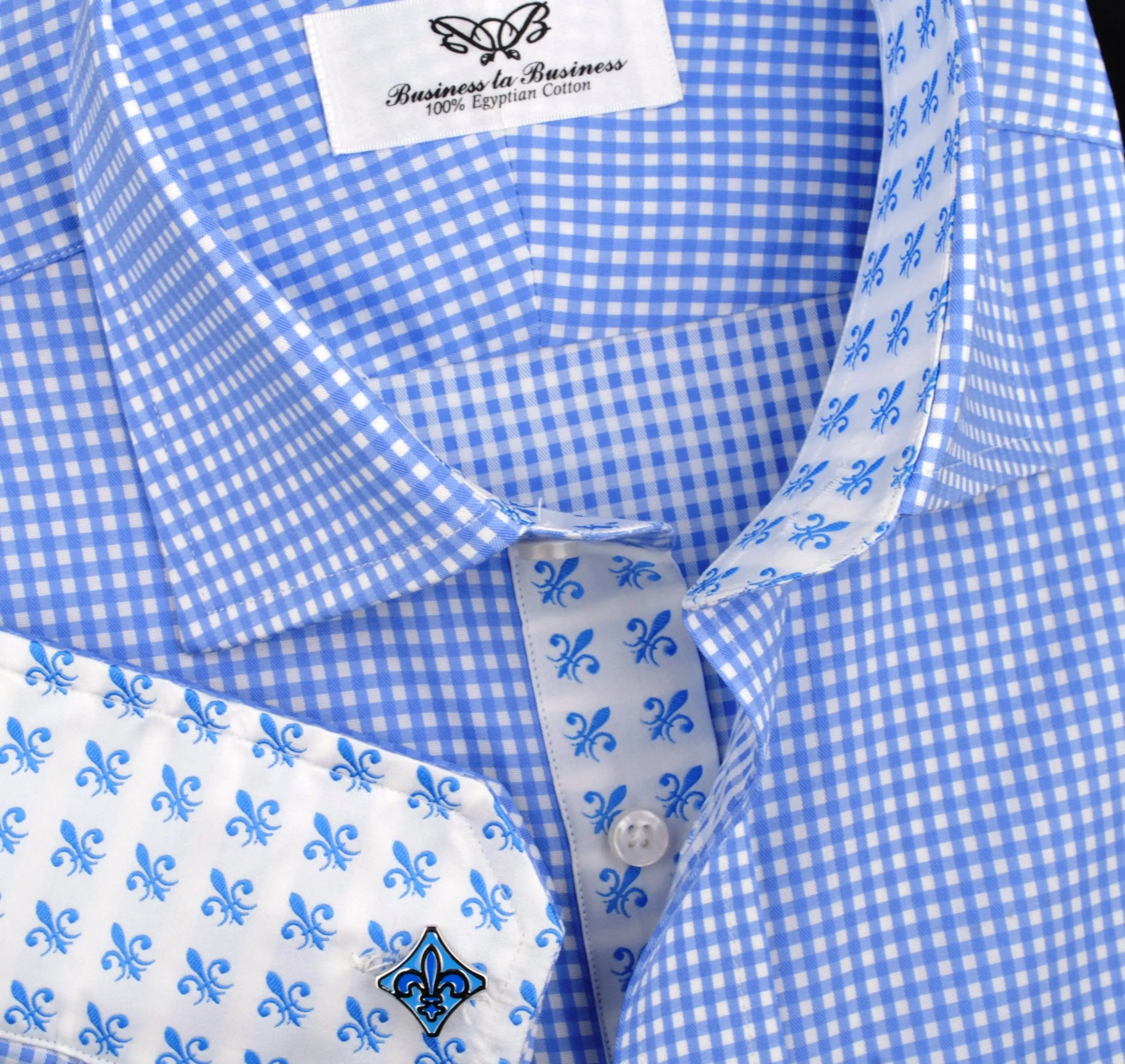 Classic Blue Designer Gingham Checkers Formal Business Dress Shirt in Luxury Floral Fashion