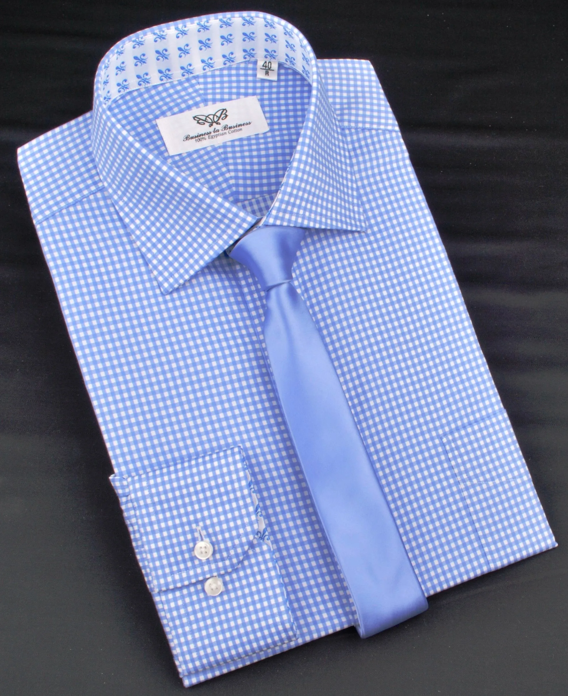 Classic Blue Designer Gingham Checkers Formal Business Dress Shirt in Luxury Floral Fashion