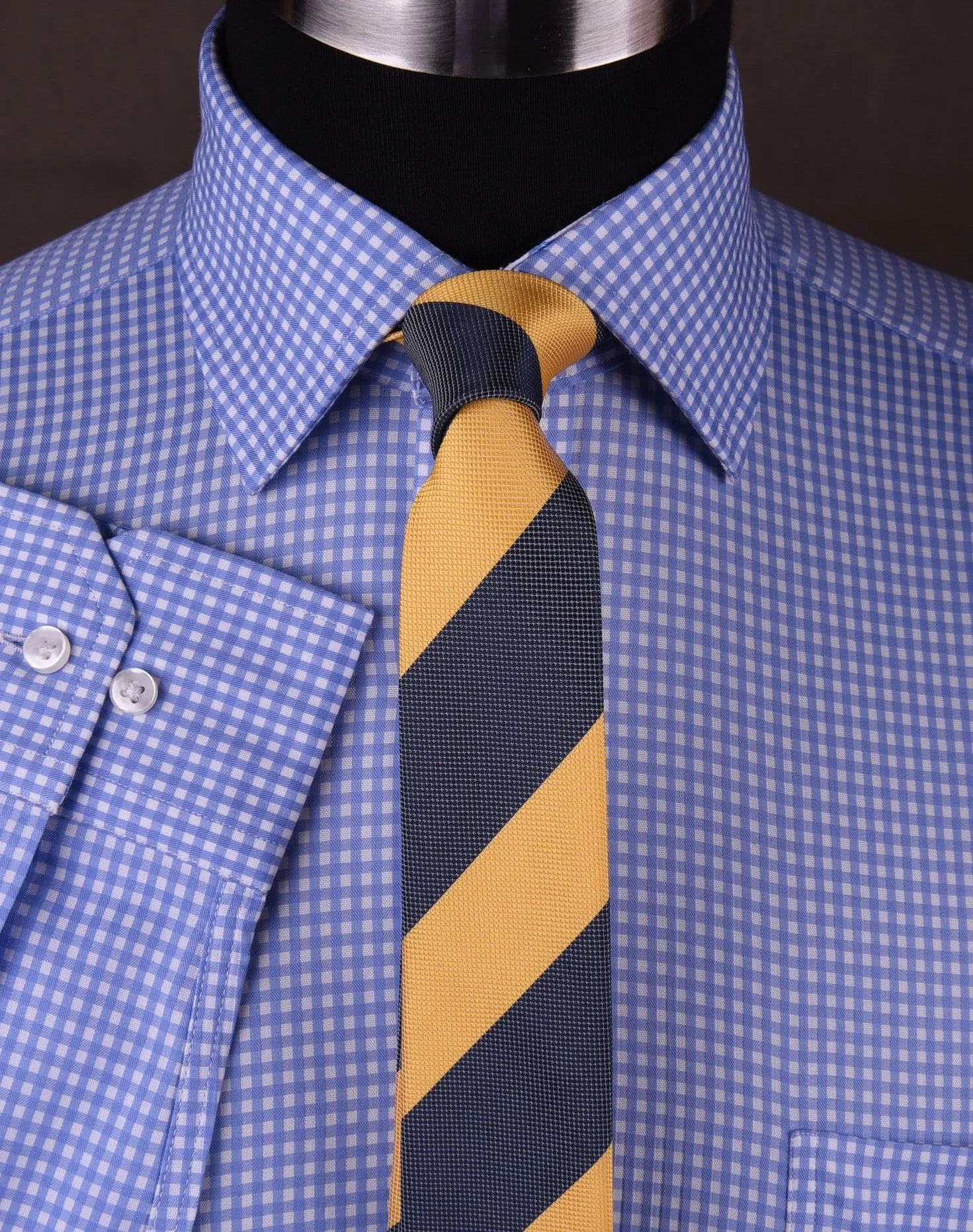 Classic Blue Designer Gingham Checkers Formal Business Dress Shirt in Luxury Floral Fashion