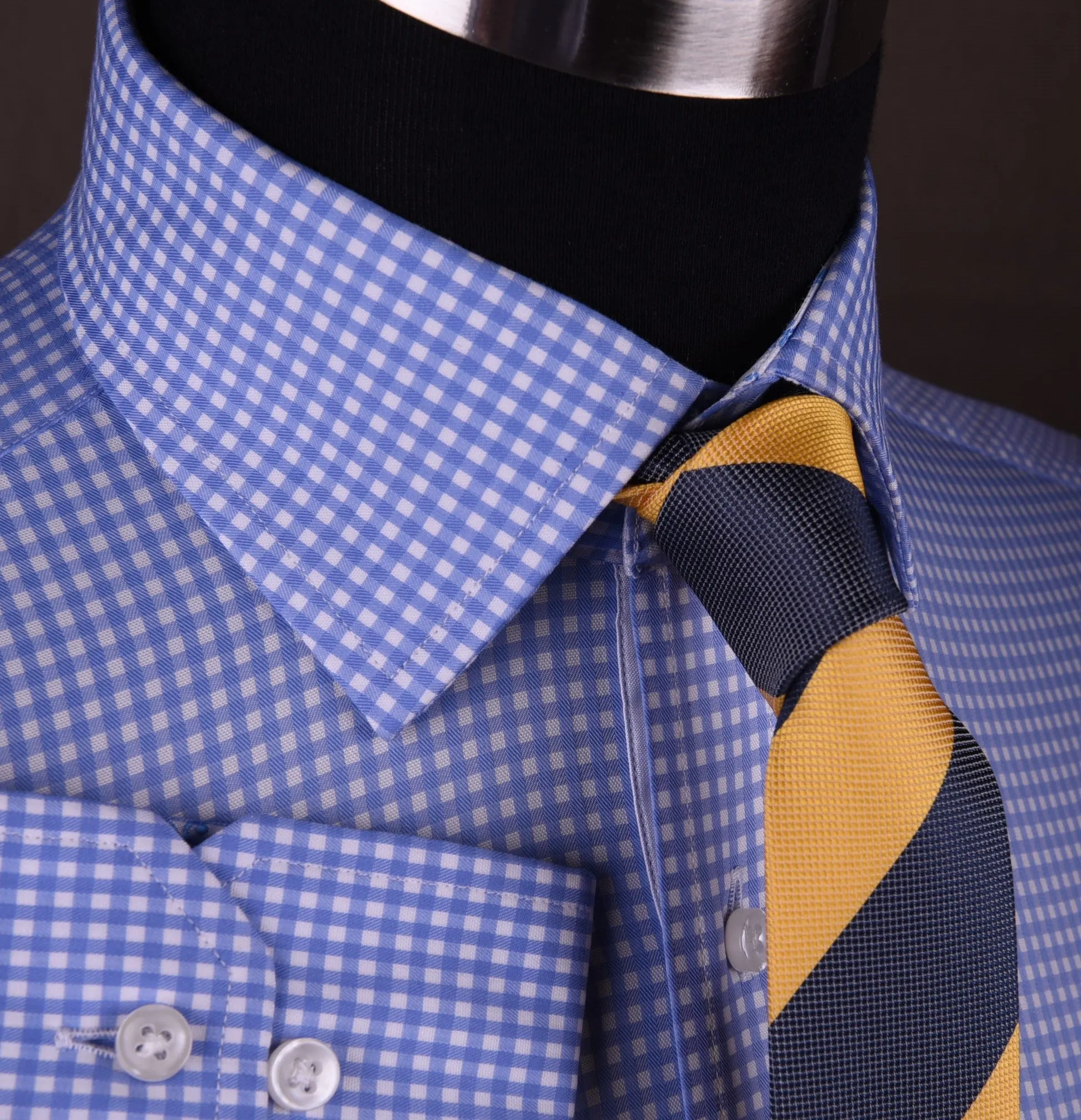 Classic Blue Designer Gingham Checkers Formal Business Dress Shirt in Luxury Floral Fashion