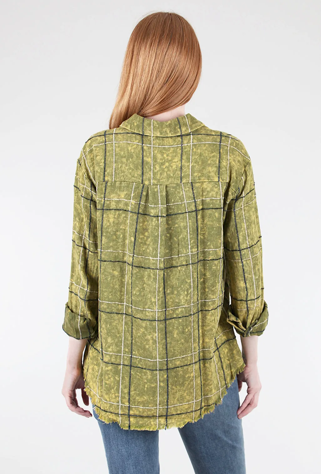 Fringe-Bottom Plaid Shirt, Cactus