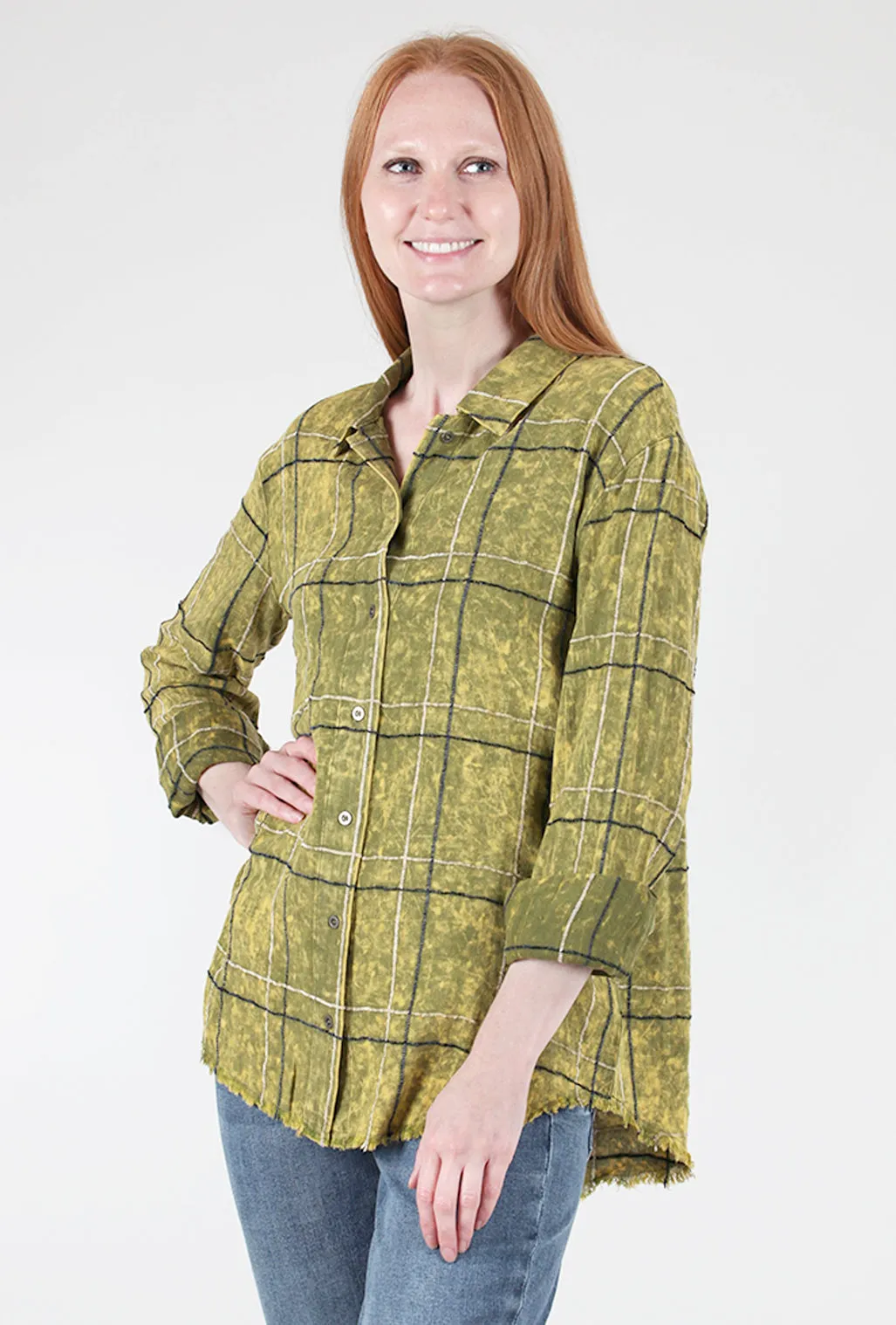 Fringe-Bottom Plaid Shirt, Cactus