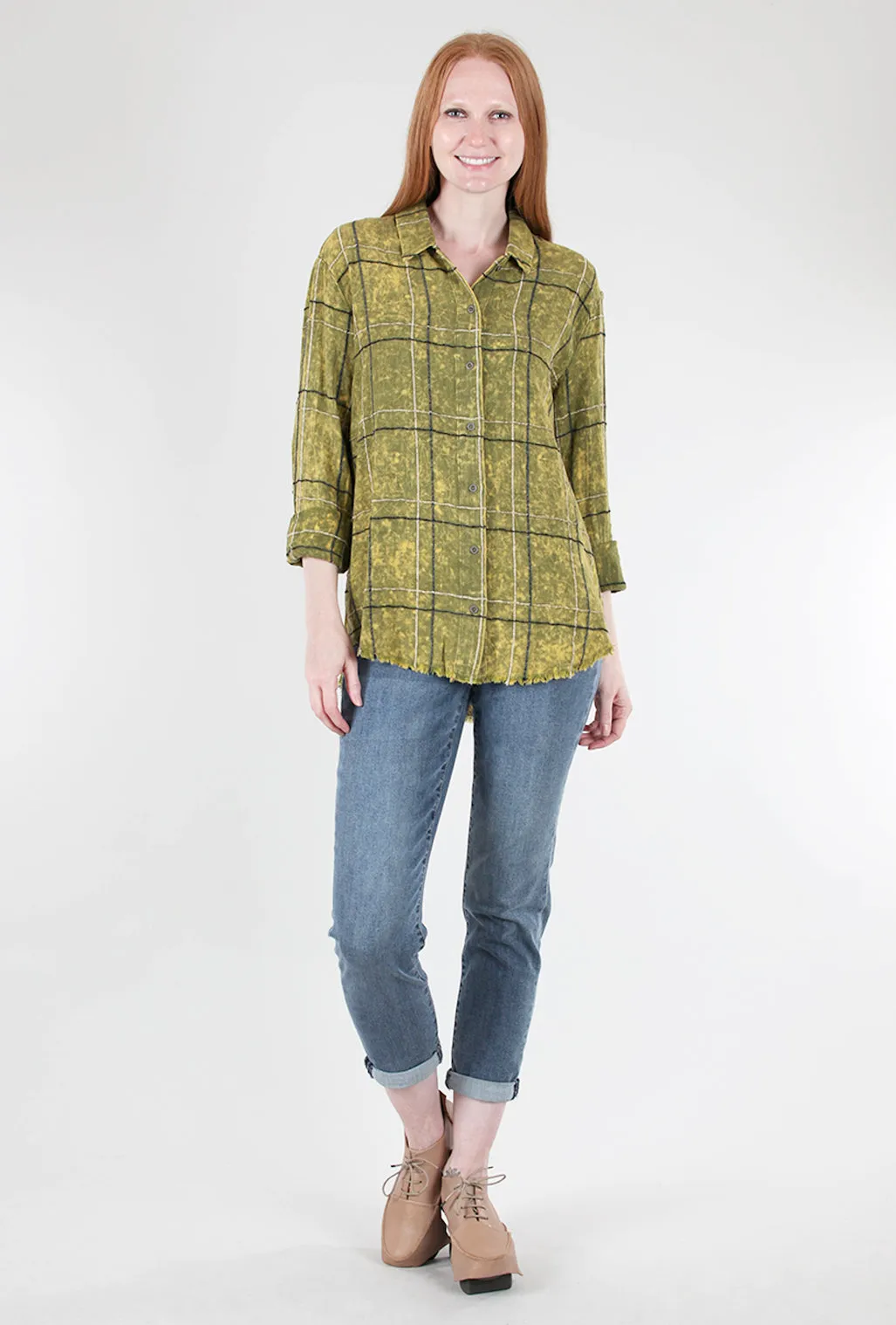 Fringe-Bottom Plaid Shirt, Cactus