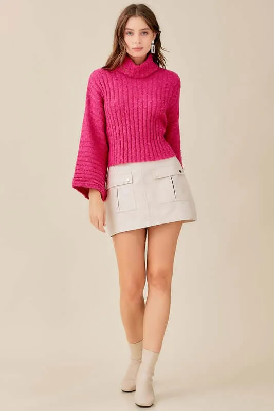 Hot Pink Turtleneck Bell Sleeve Cropped Sweater