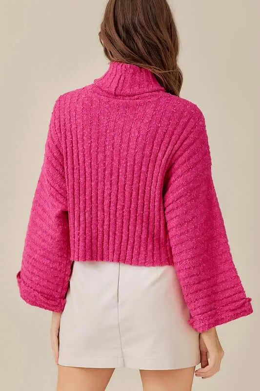 Hot Pink Turtleneck Bell Sleeve Cropped Sweater