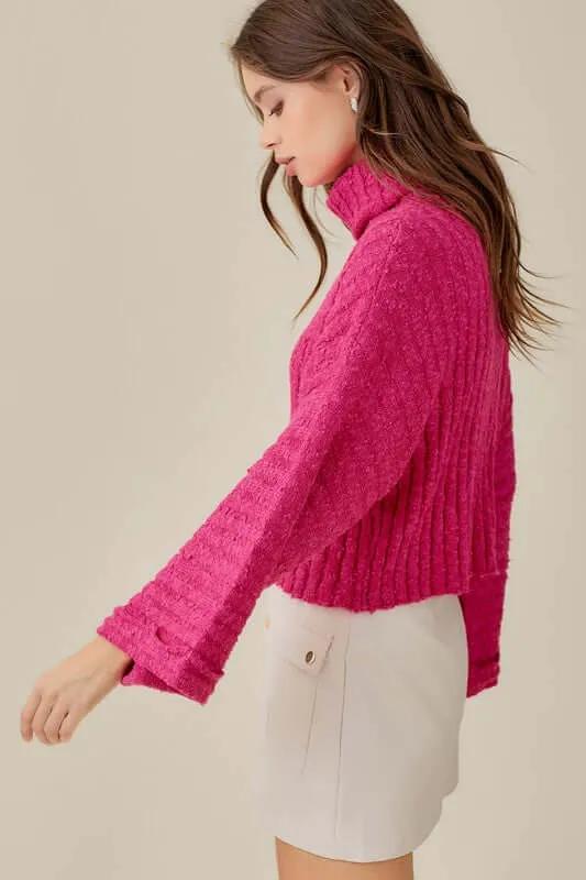 Hot Pink Turtleneck Bell Sleeve Cropped Sweater