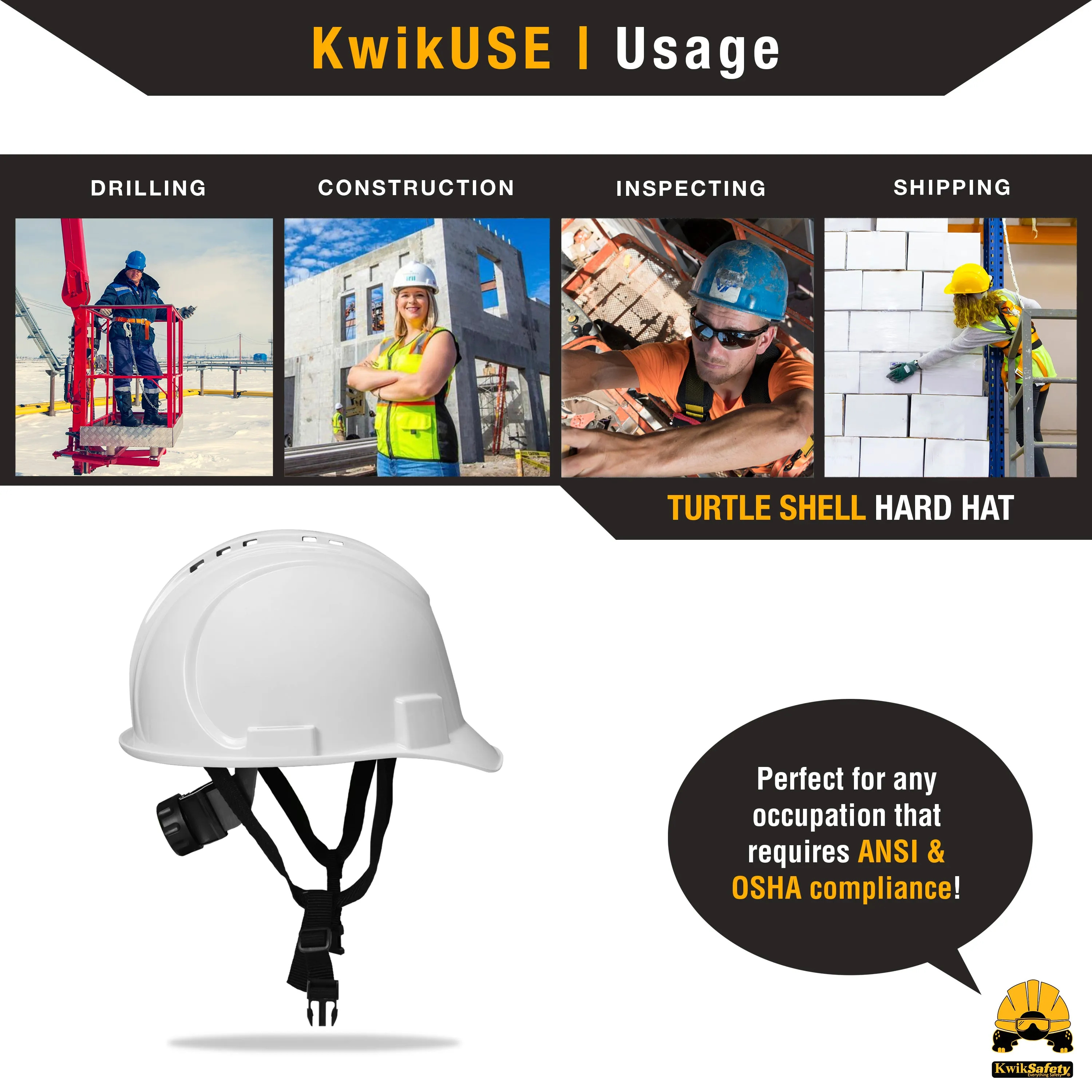 KwikSafety WHITE TURTLE SHELL Hard Hat (10 COOLING VENTS) Type 1 Class C ANSI Tested OSHA Compliant Standard Cap Style PPE - Model No.: KS1601