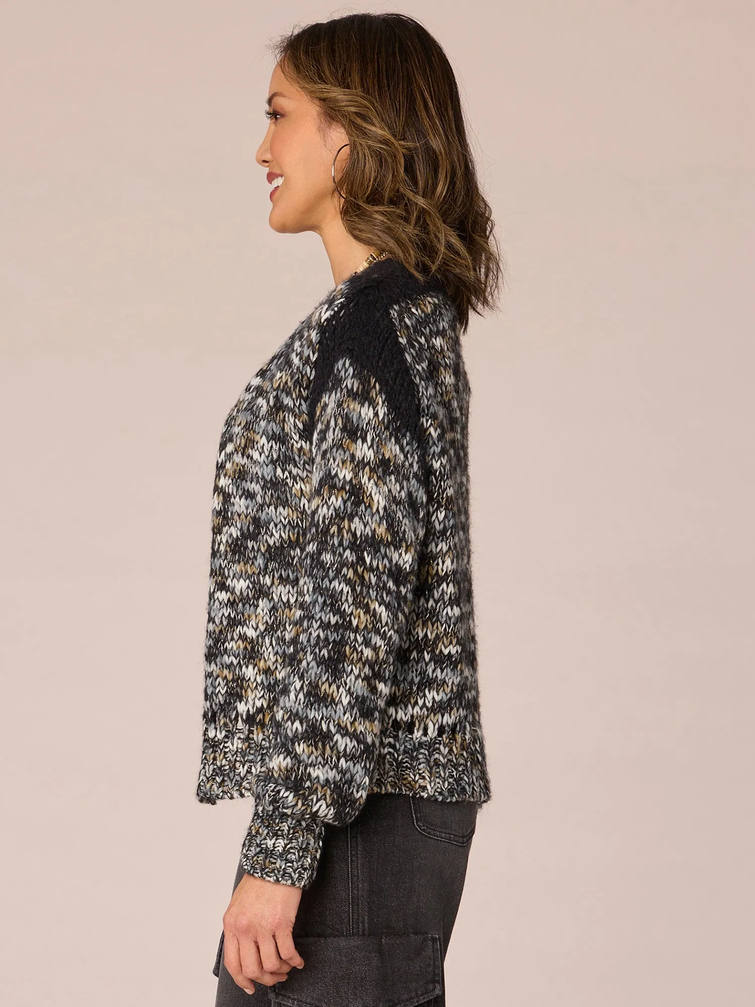 Long Sleeve Open Front Sweater Cardigan with Metallic Yarn