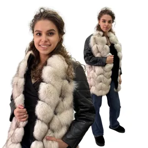 Natural Leather and Fox Fur Coat – Diamond Pattern, Zipper, and Lined Design (S)