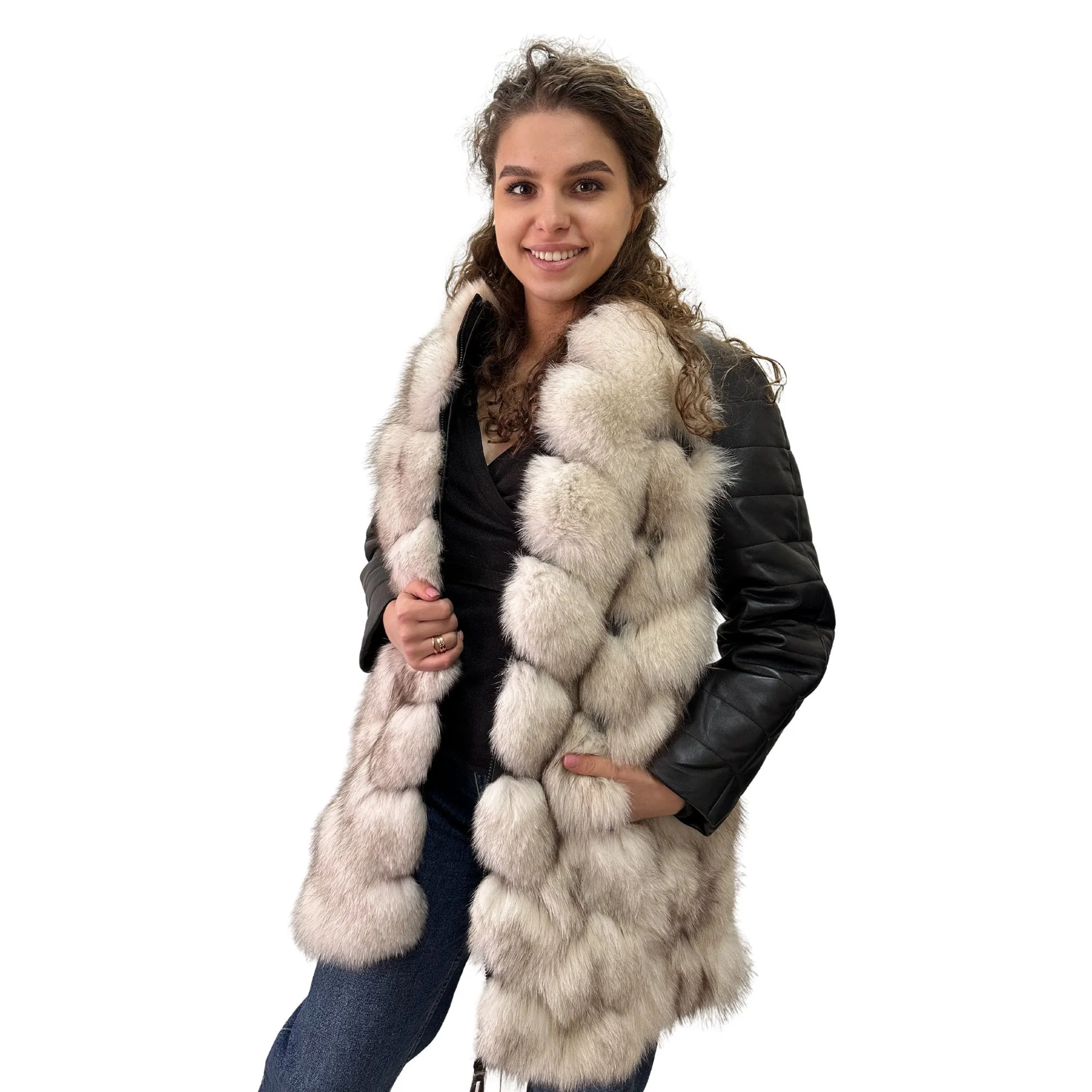 Natural Leather and Fox Fur Coat – Diamond Pattern, Zipper, and Lined Design (S)