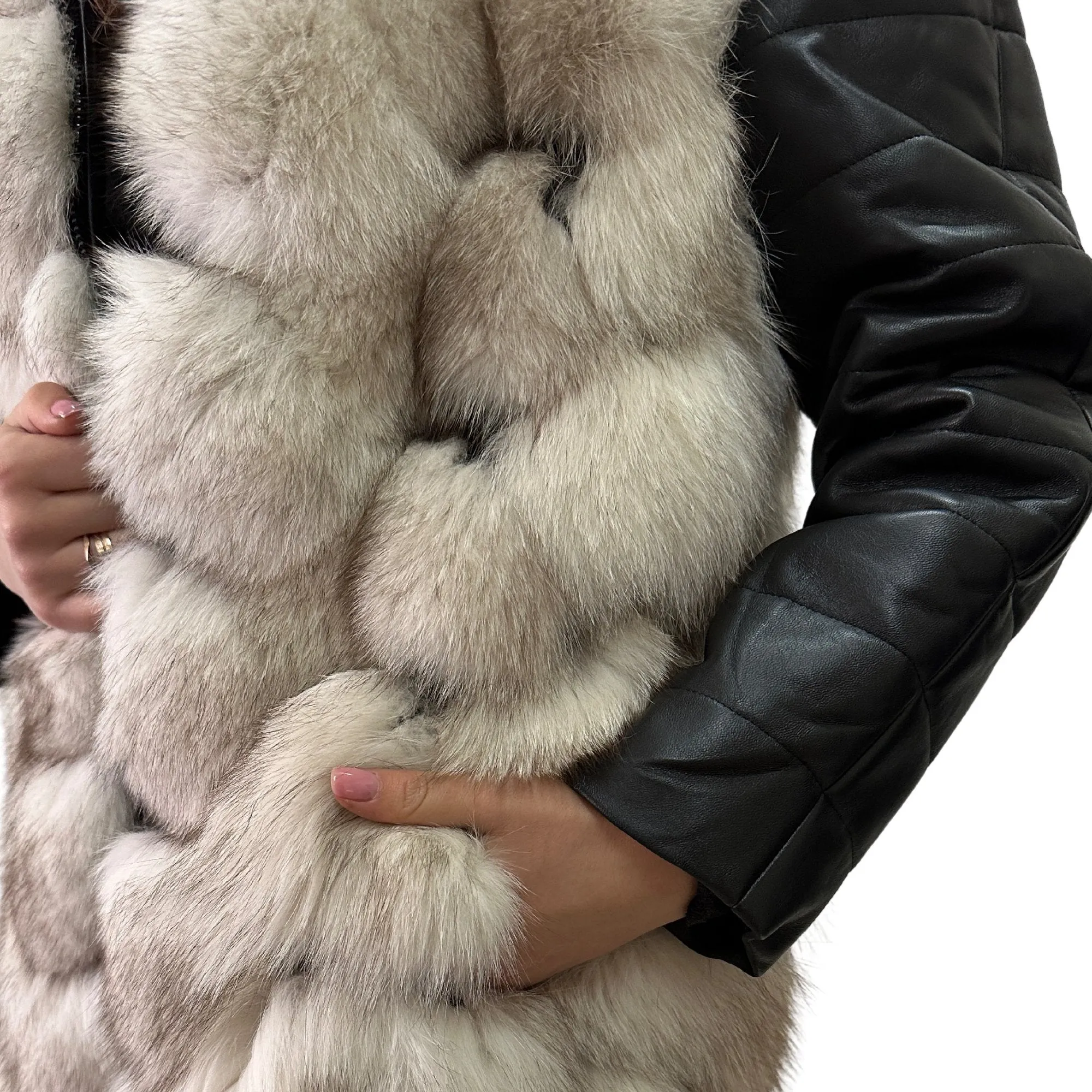 Natural Leather and Fox Fur Coat – Diamond Pattern, Zipper, and Lined Design (S)