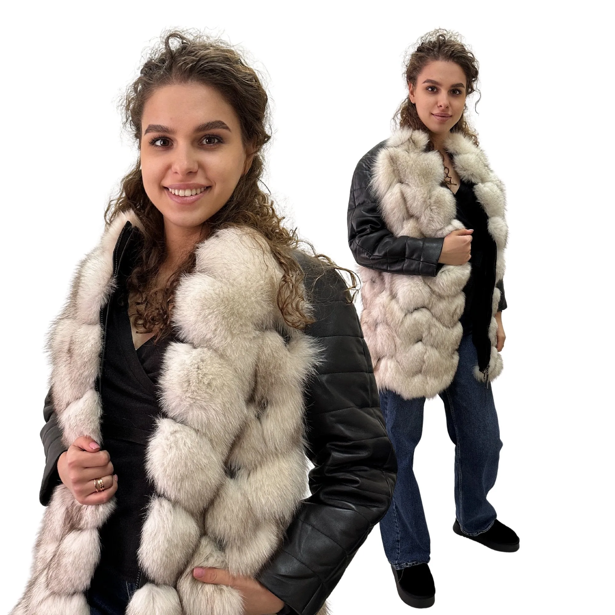 Natural Leather and Fox Fur Coat – Diamond Pattern, Zipper, and Lined Design (S)