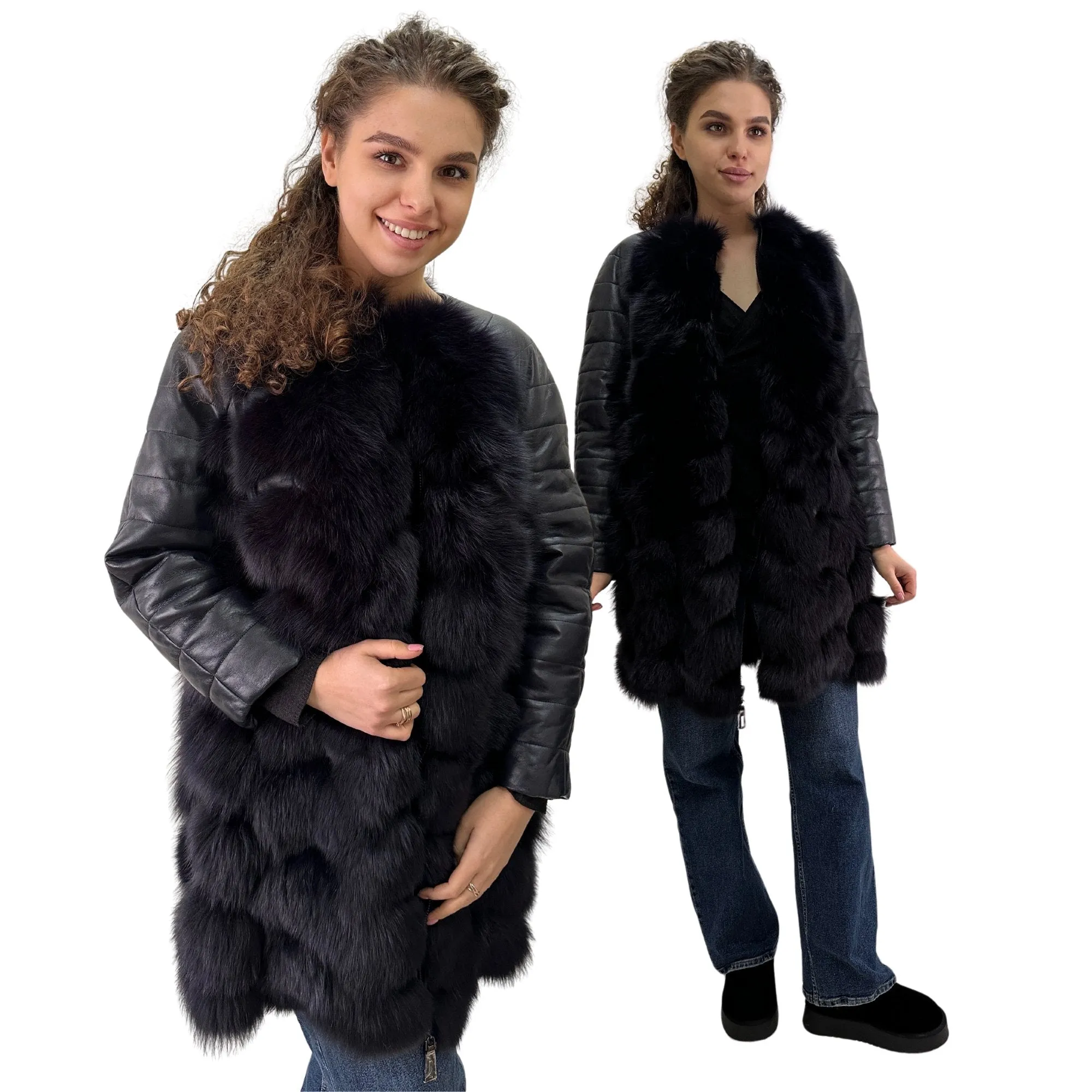 Navy Natural Leather and Fox Fur Coat – Diamond Pattern, Zipper, and Lined Design (S)