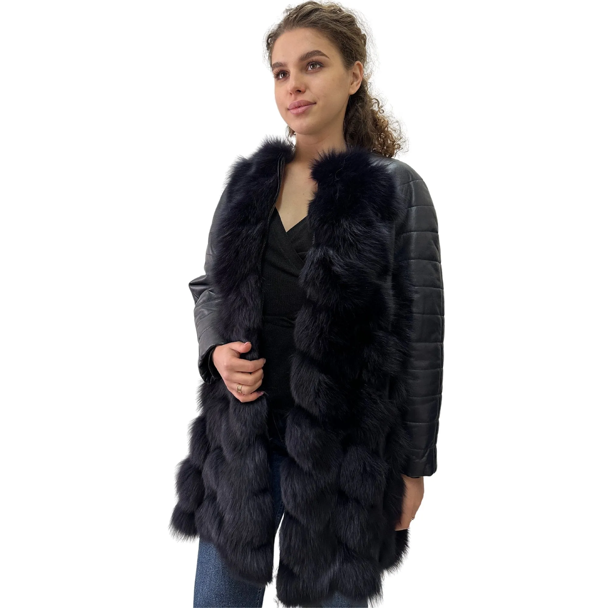 Navy Natural Leather and Fox Fur Coat – Diamond Pattern, Zipper, and Lined Design (S)