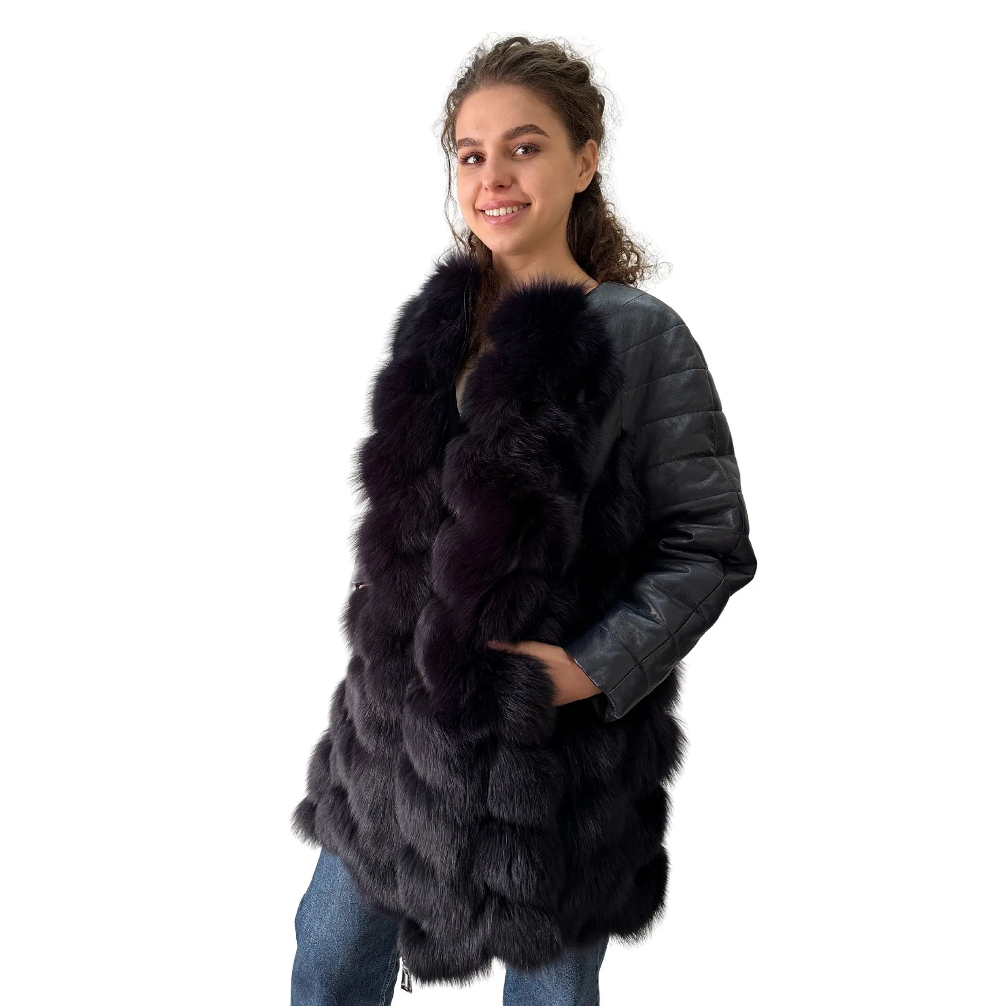 Navy Natural Leather and Fox Fur Coat – Diamond Pattern, Zipper, and Lined Design (S)