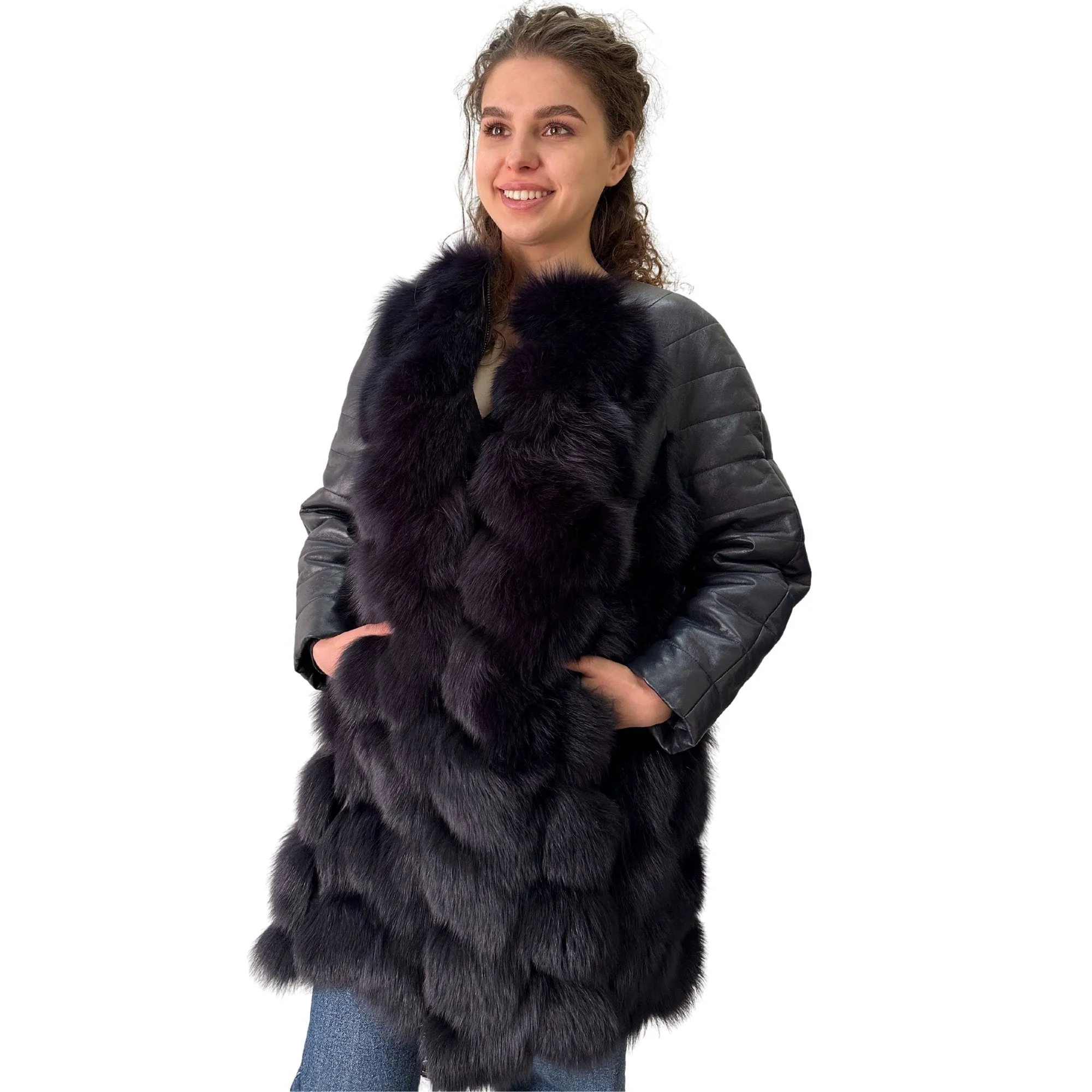 Navy Natural Leather and Fox Fur Coat – Diamond Pattern, Zipper, and Lined Design (S)