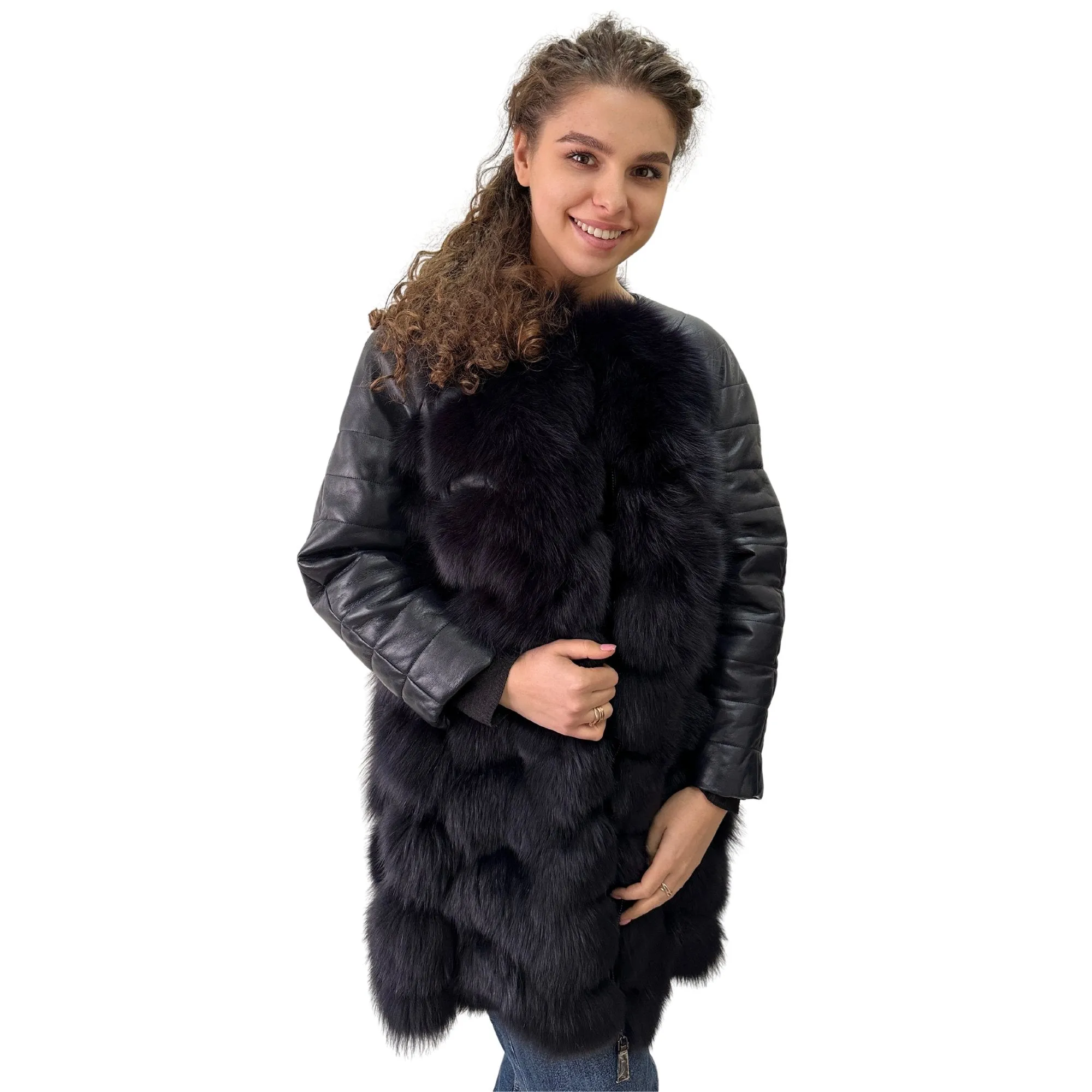Navy Natural Leather and Fox Fur Coat – Diamond Pattern, Zipper, and Lined Design (S)