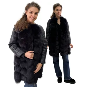 Navy Natural Leather and Fox Fur Coat – Diamond Pattern, Zipper, and Lined Design (S)