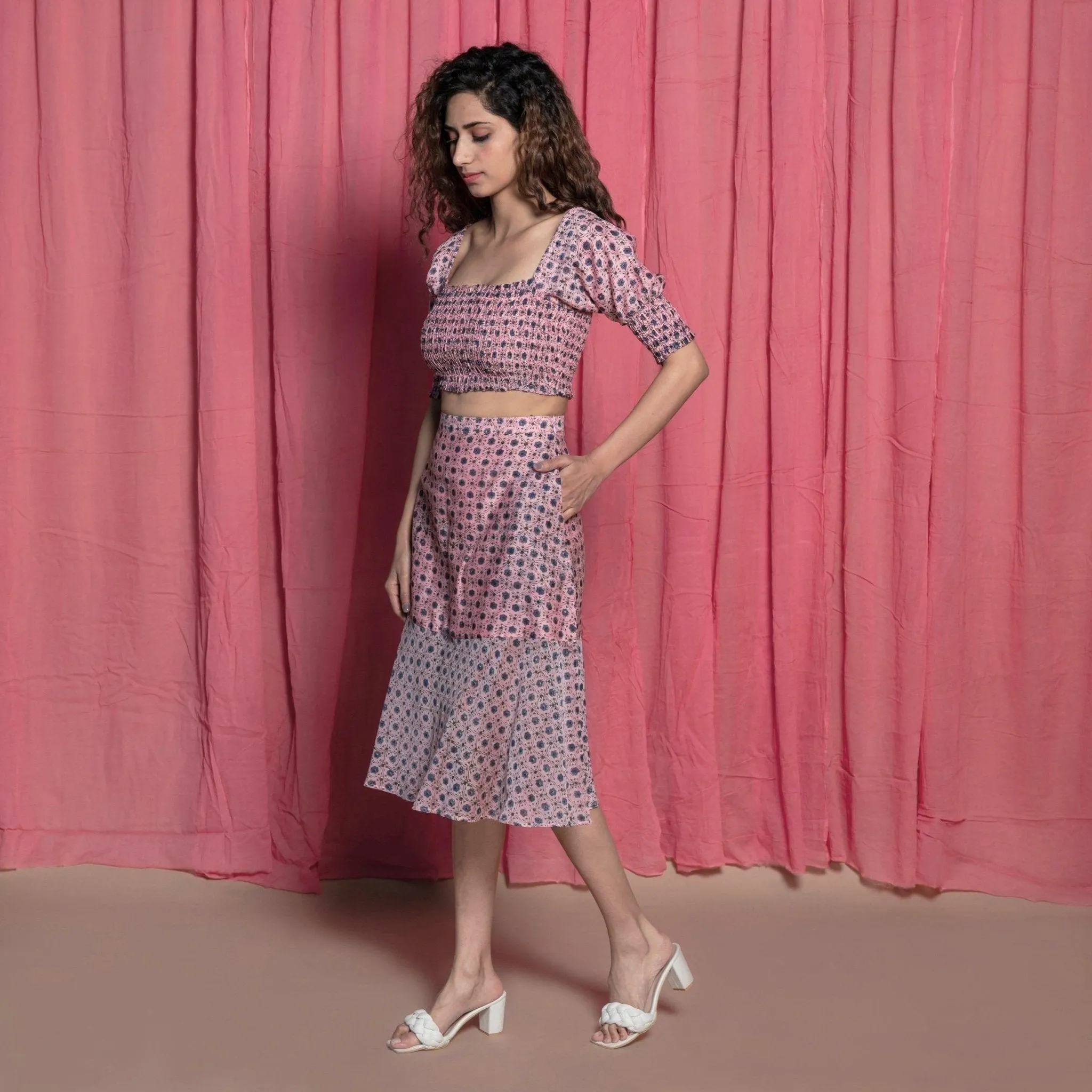 Pink Cotton Chanderi Block Print Knee Length Skirt