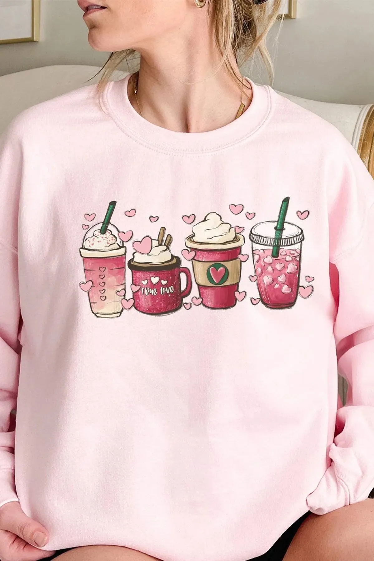 Pink Valentine Sweatshirt Sweet Drinking Graphic Print