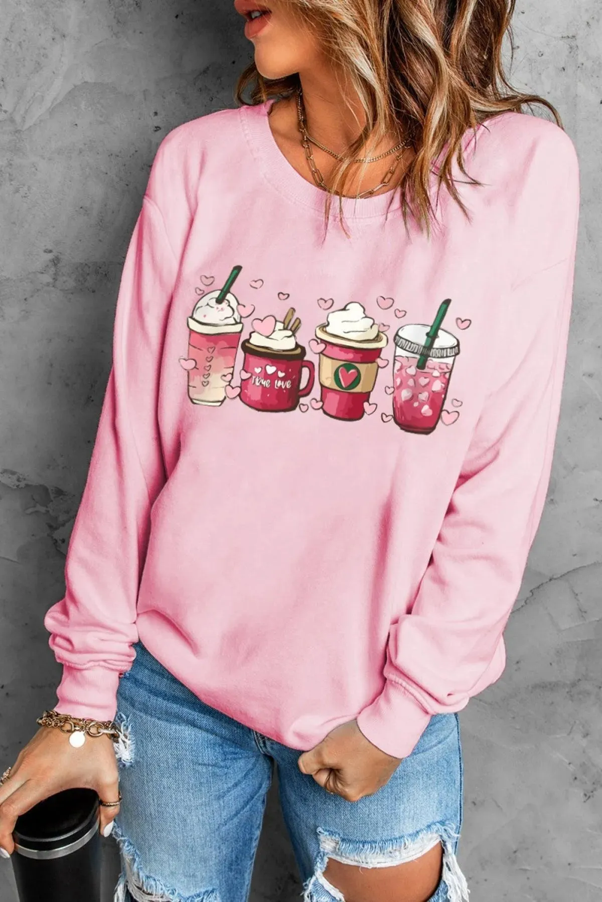 Pink Valentine Sweatshirt Sweet Drinking Graphic Print