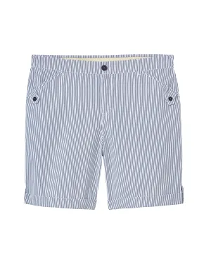 Warsaw Seersucker Bermuda Shorts with Rolled Cuff | White / Azure Blue